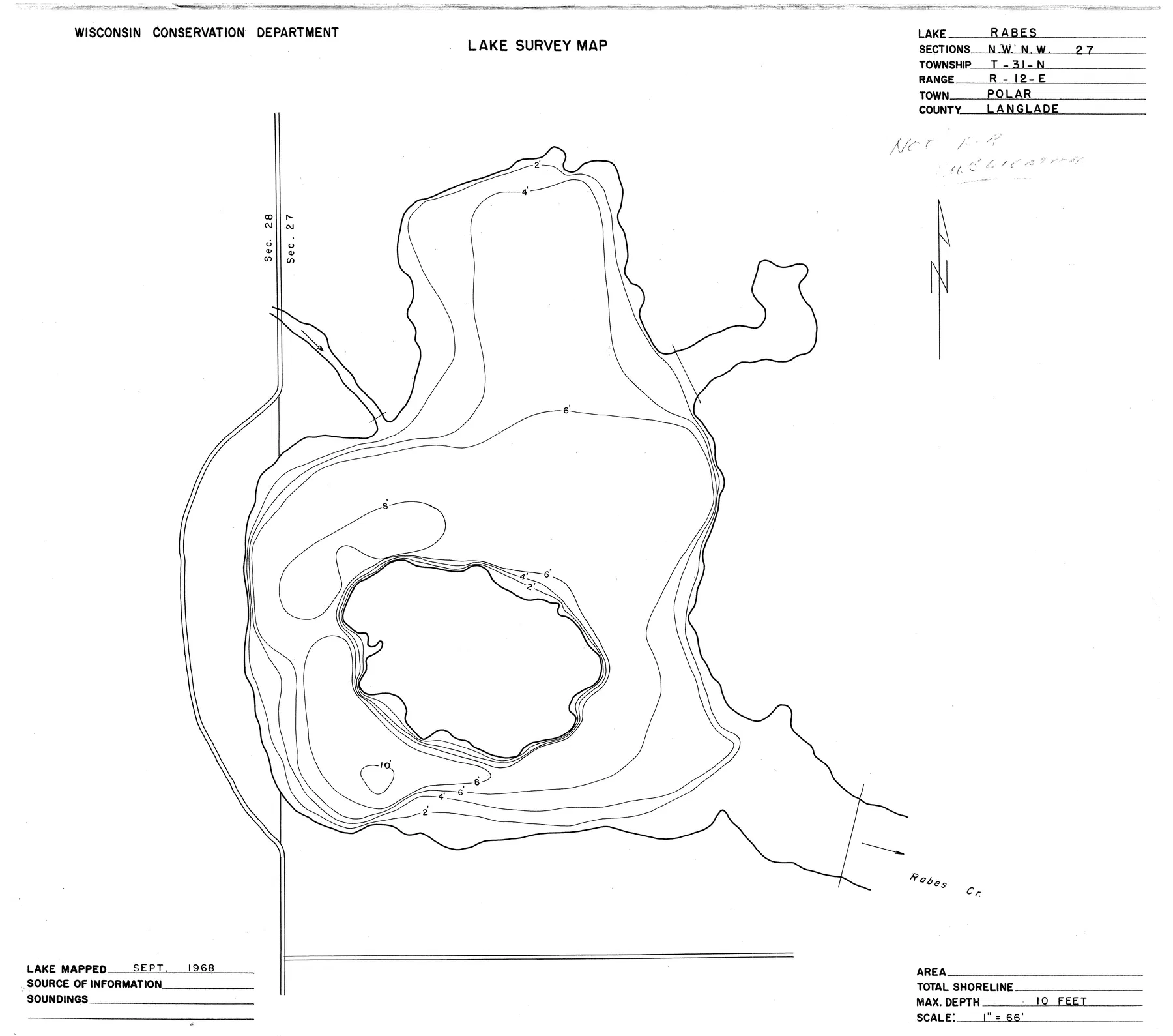 Rabe Lake historical Wisconsin DNR depth map sheet 1
