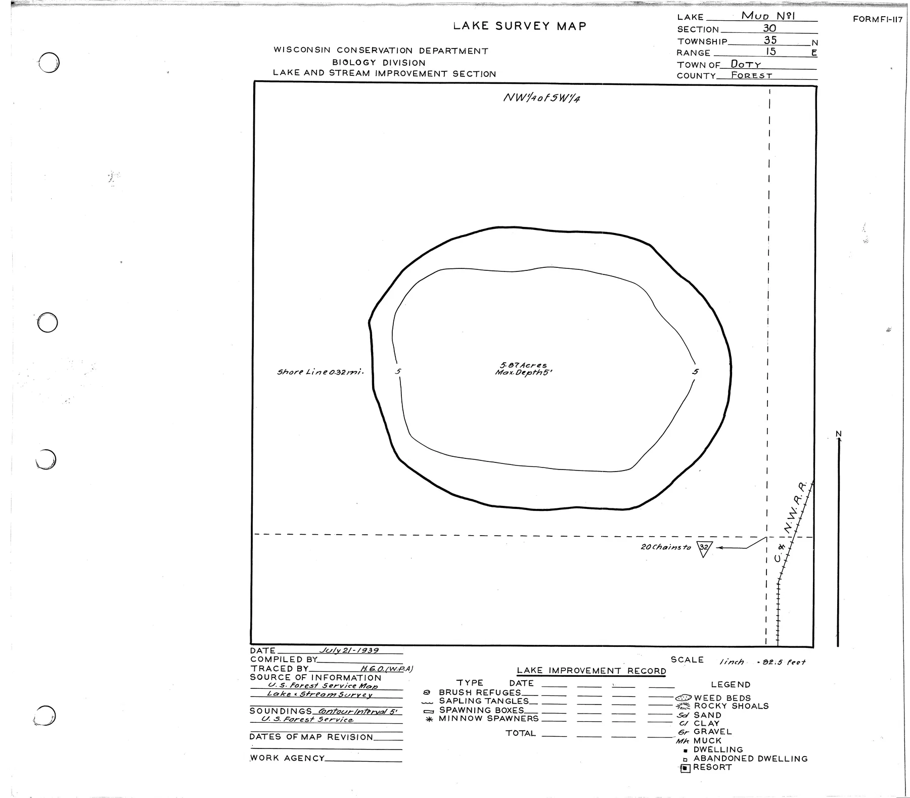 Mud Lake Number One historical Wisconsin DNR depth map sheet 1