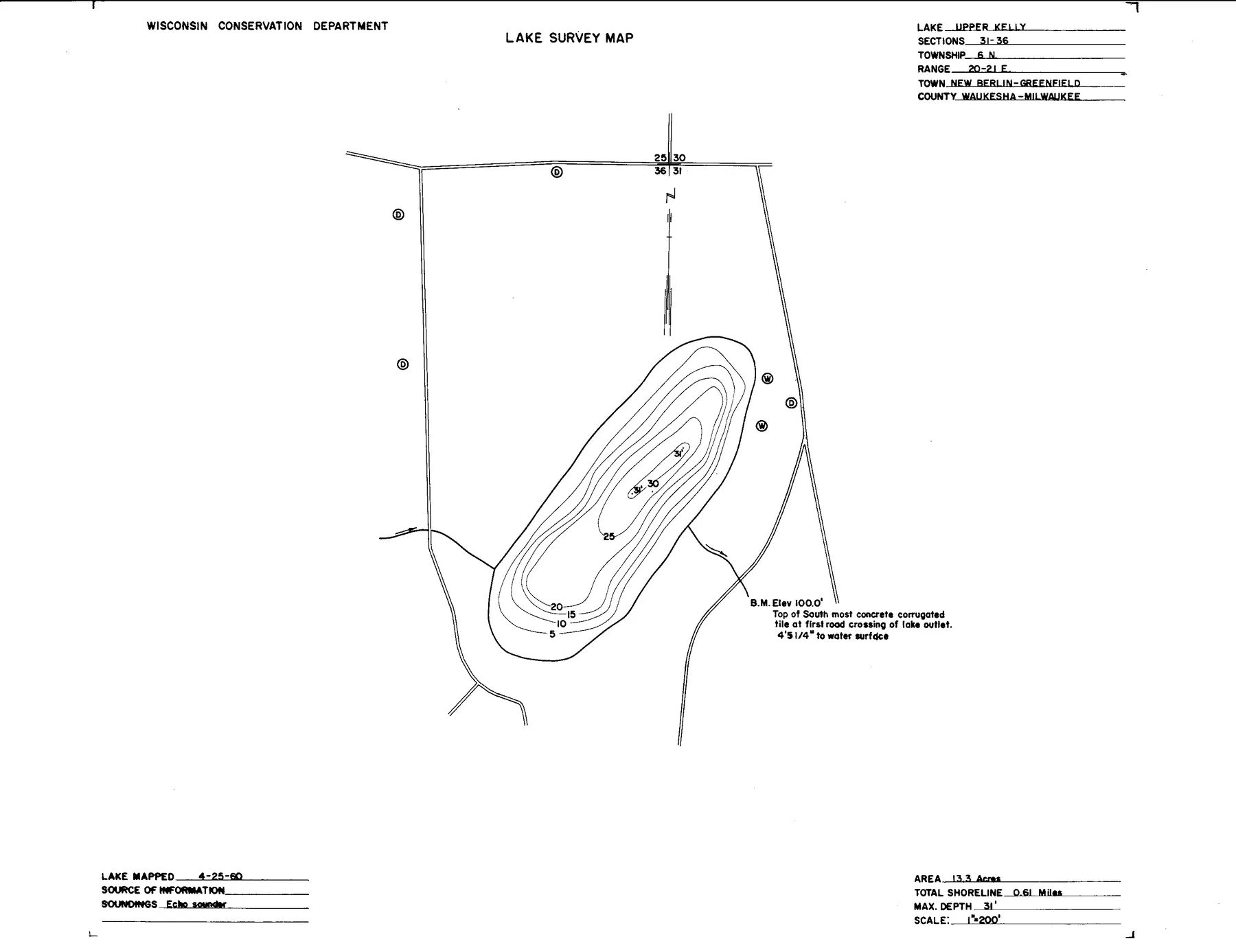 Upper Kelly Lake historical Wisconsin DNR depth map sheet 1