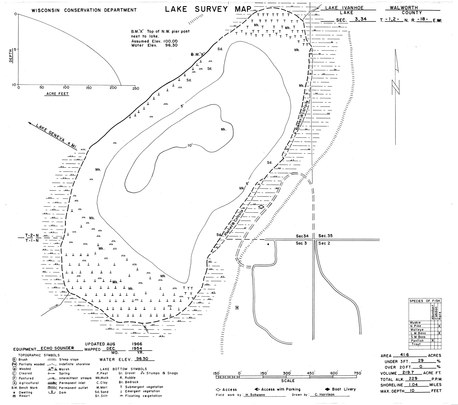 Lake Ivanhoe historical Wisconsin DNR depth map sheet 1