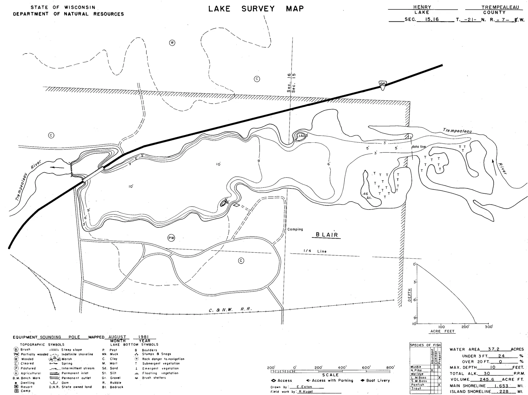 Lake Henry historical Wisconsin DNR depth map sheet 1