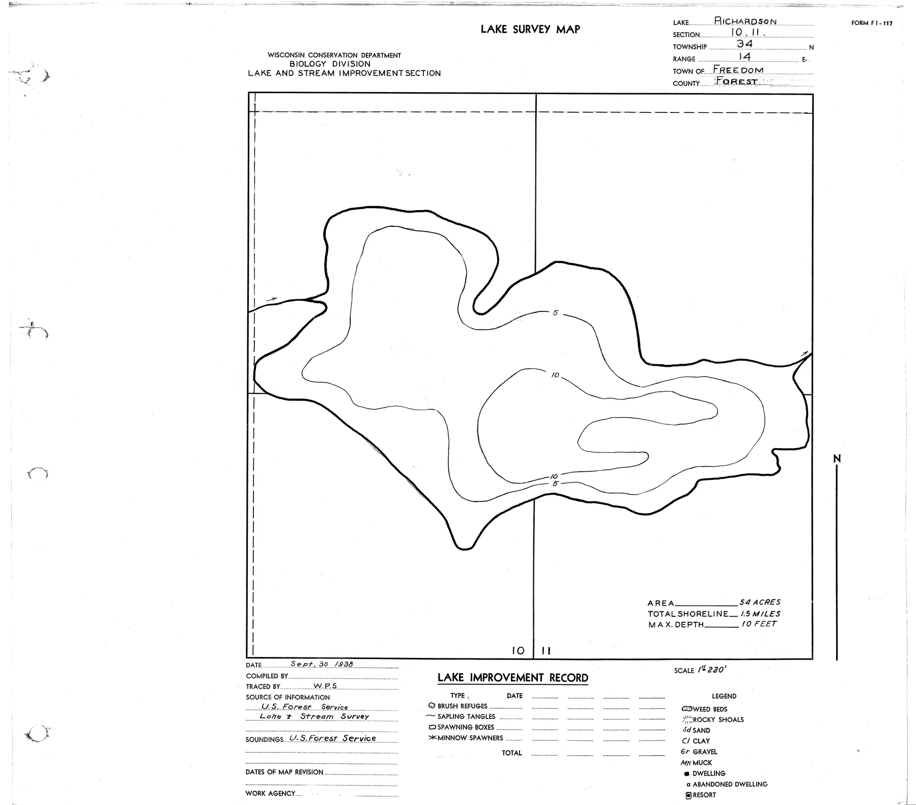 Richardson Lake historical Wisconsin DNR depth map sheet 1