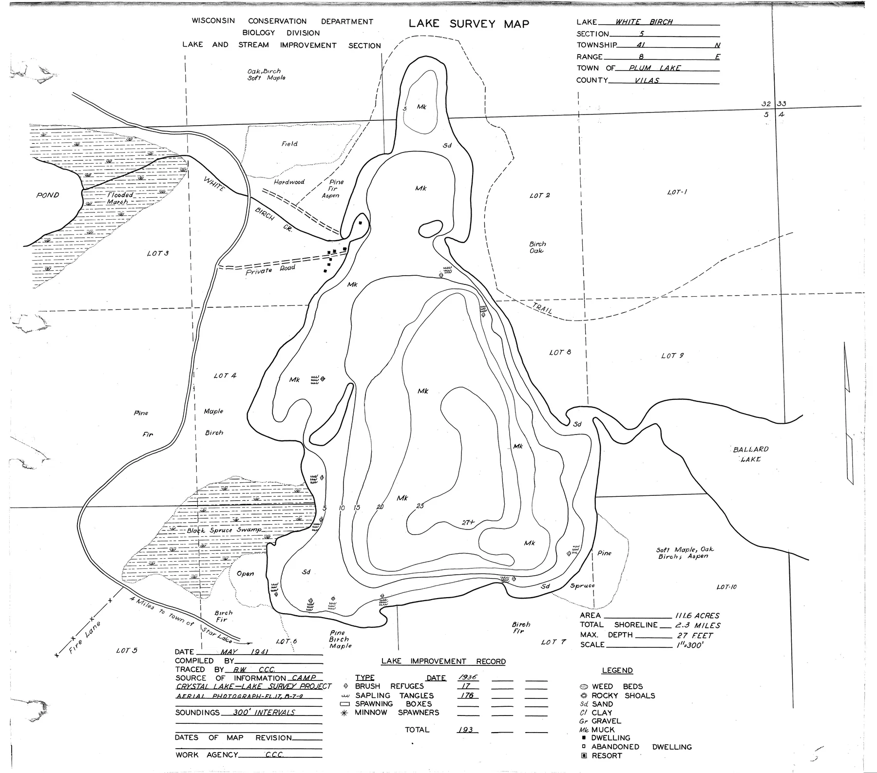 White Birch Lake historical Wisconsin DNR depth map sheet 1