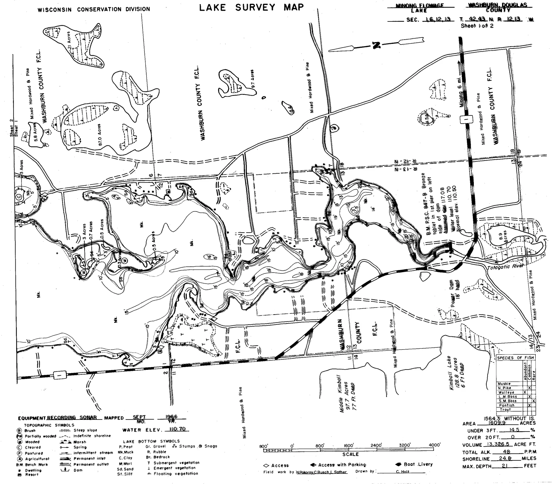 Minong Flowage historical Wisconsin DNR depth map sheet 1