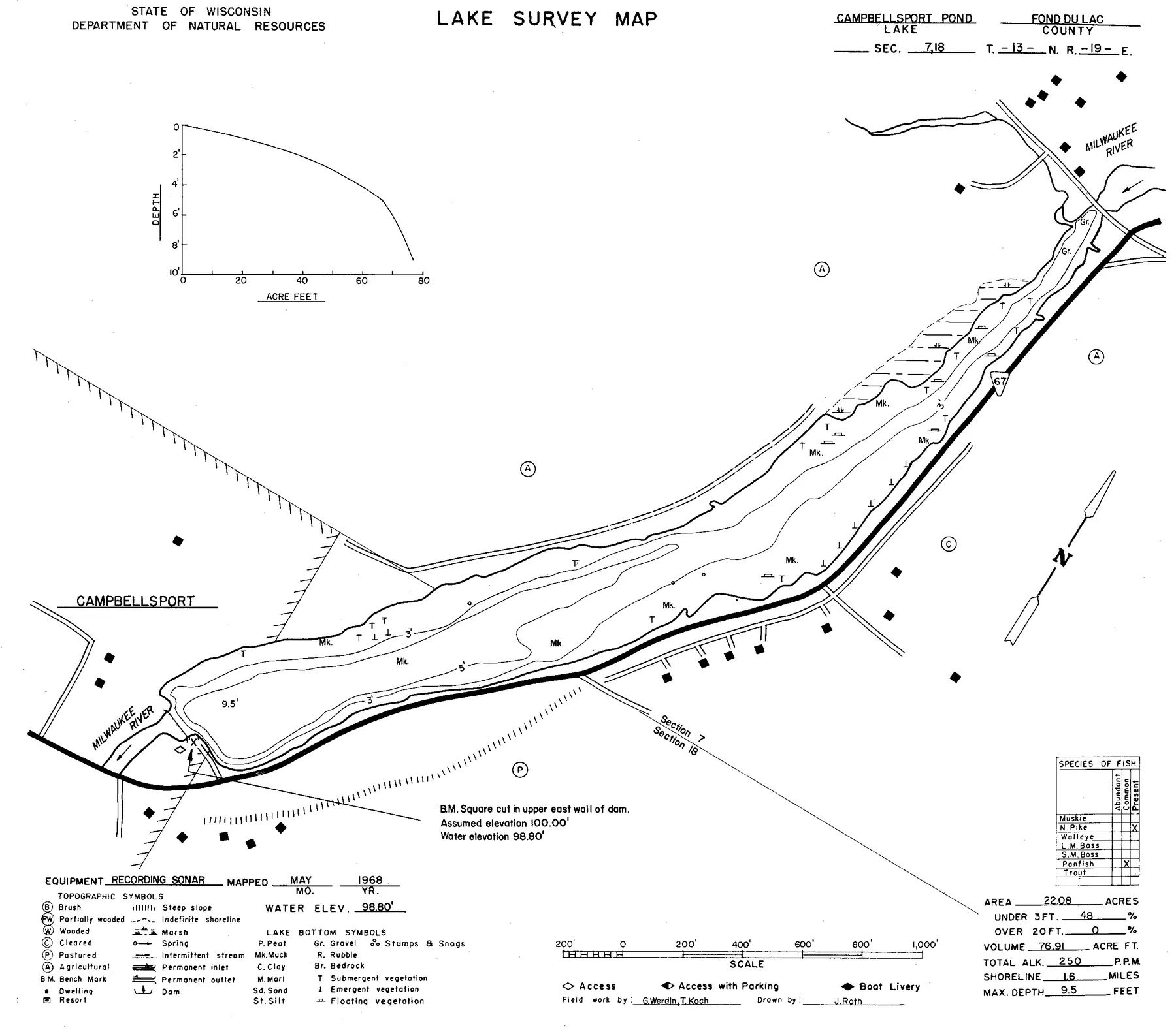 Campbellsport Millpond historical Wisconsin DNR depth map sheet 1