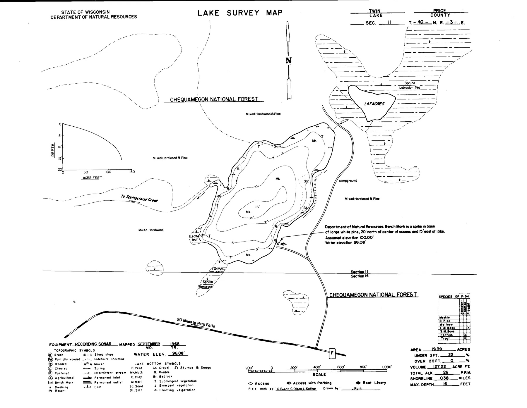 Twin Lakes historical Wisconsin DNR depth map sheet 1