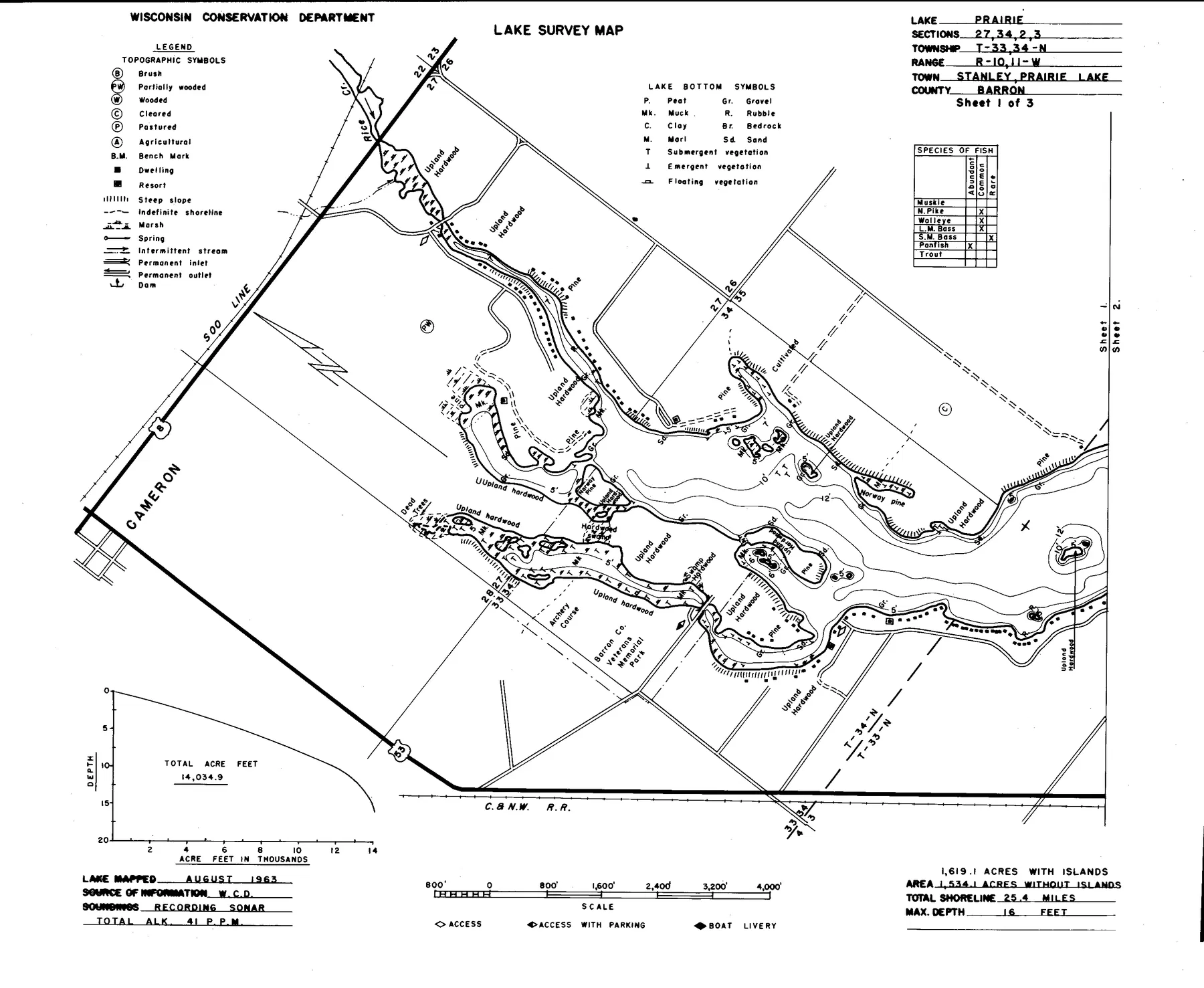 Prairie Lake historical Wisconsin DNR depth map sheet 1