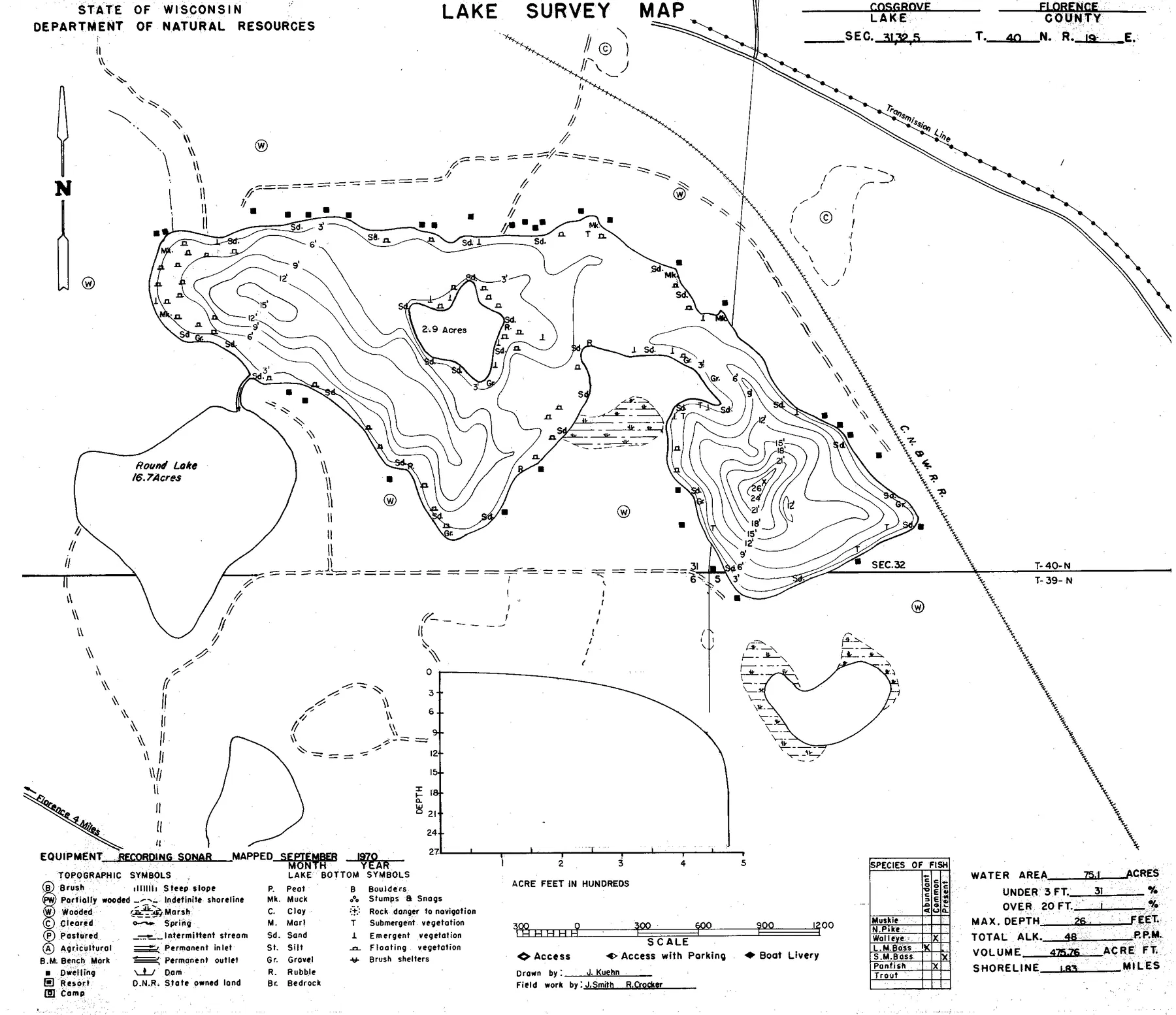 Cosgrove Lake historical Wisconsin DNR depth map sheet 1