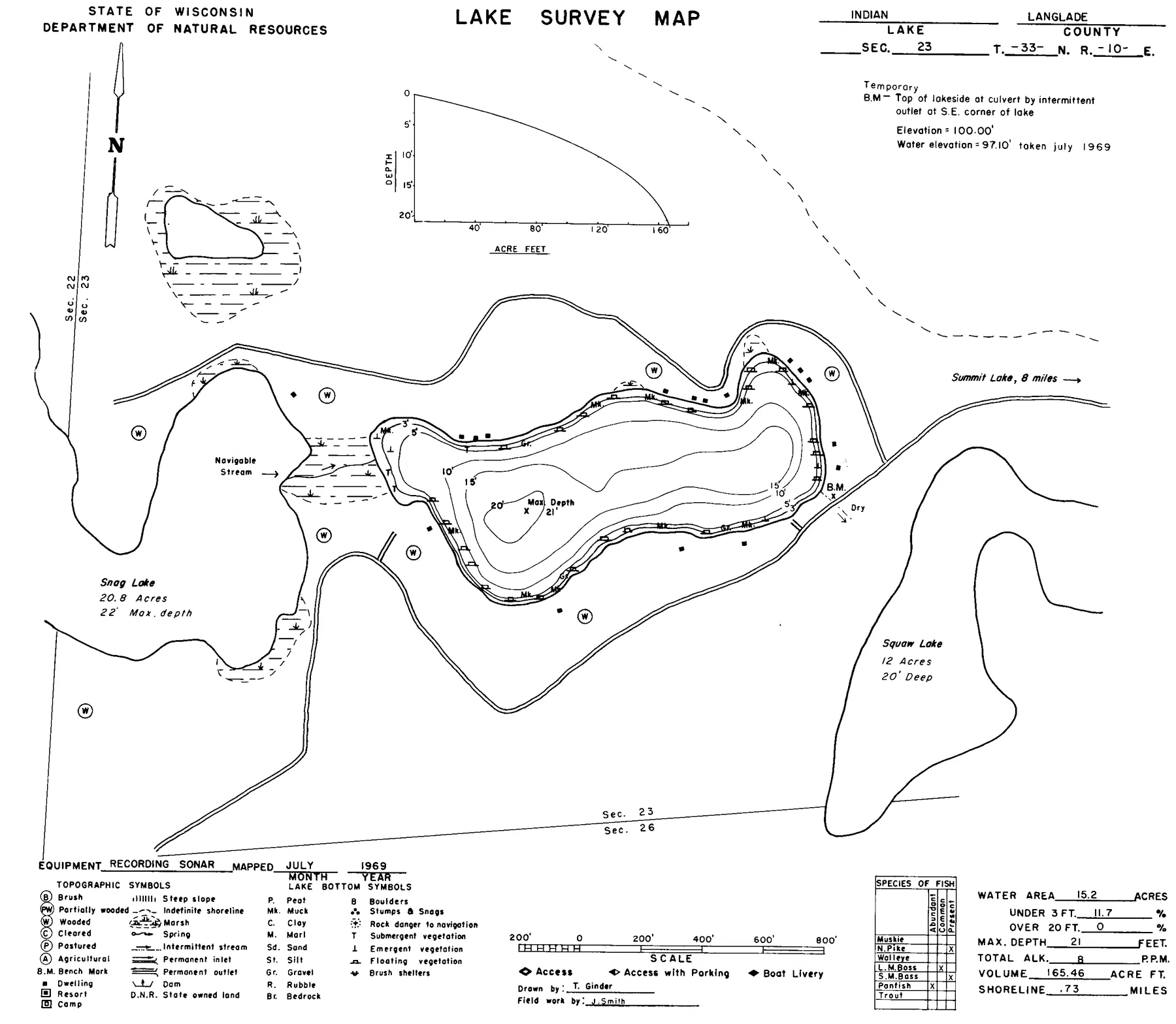 Indian Lake historical Wisconsin DNR depth map sheet 1