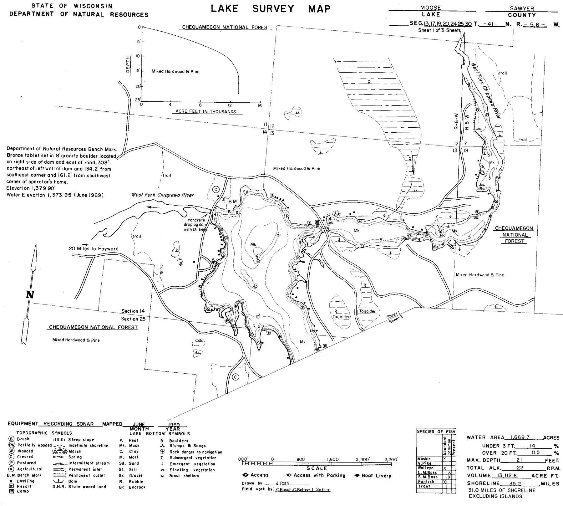 Moose Lake historical Wisconsin DNR depth map sheet 1