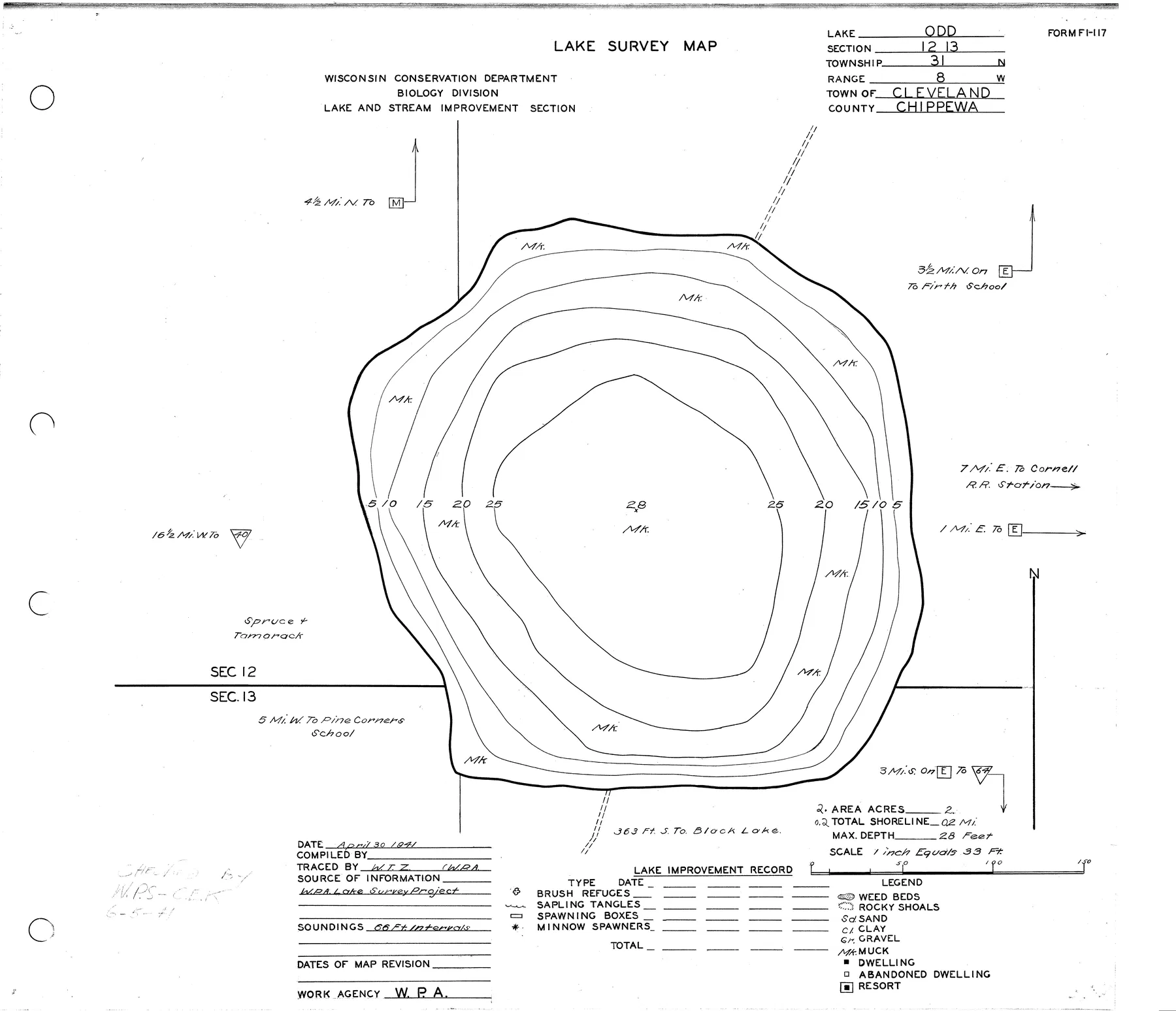 Odd Lake historical Wisconsin DNR depth map sheet 1