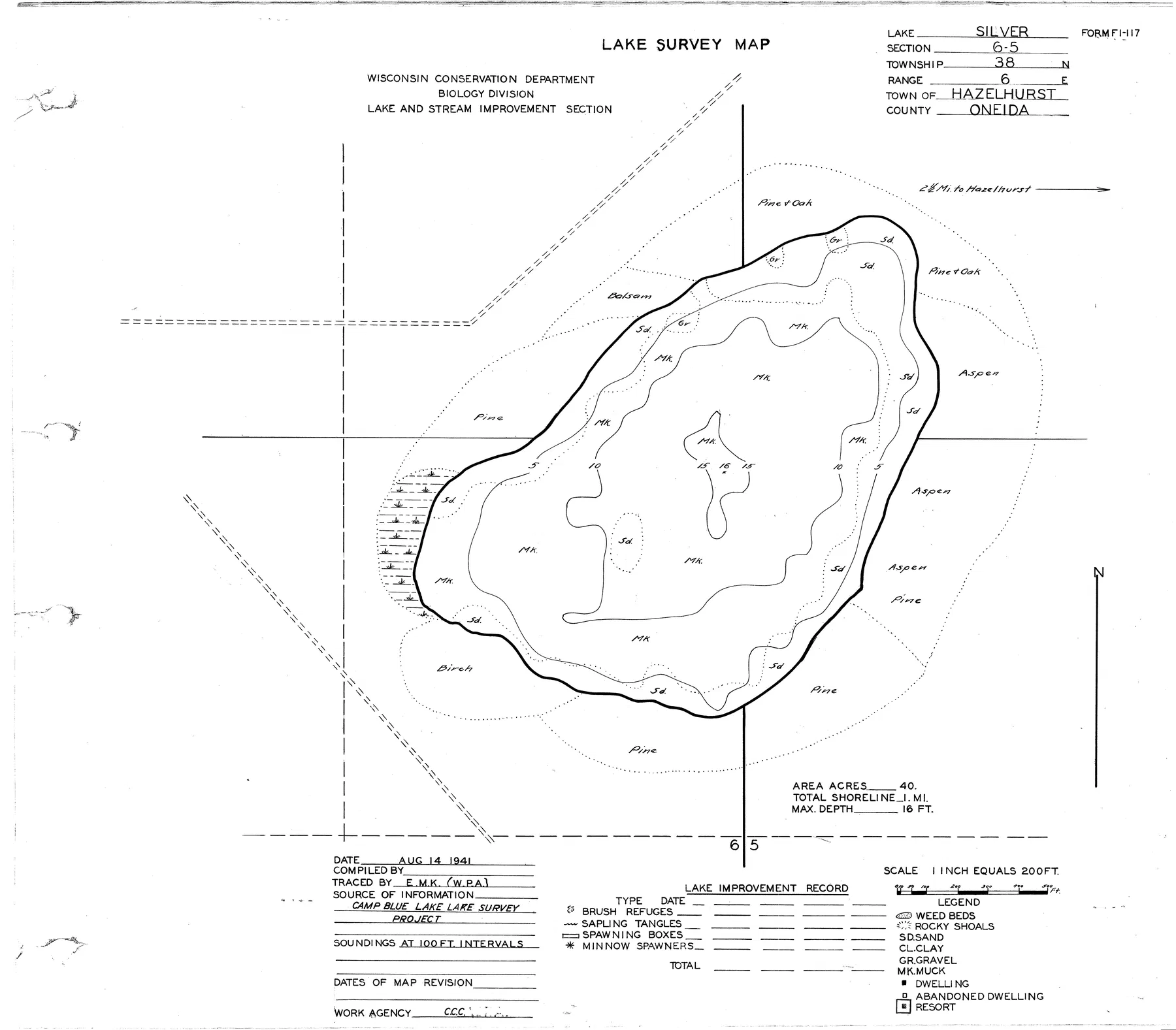 Silver Lake historical Wisconsin DNR depth map sheet 1
