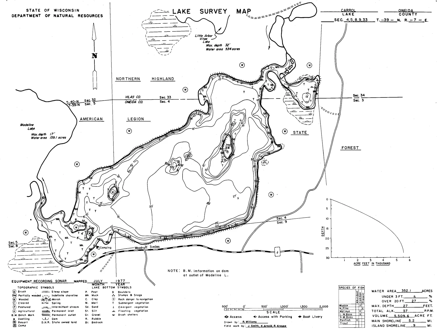 Carrol Lake historical Wisconsin DNR depth map sheet 1