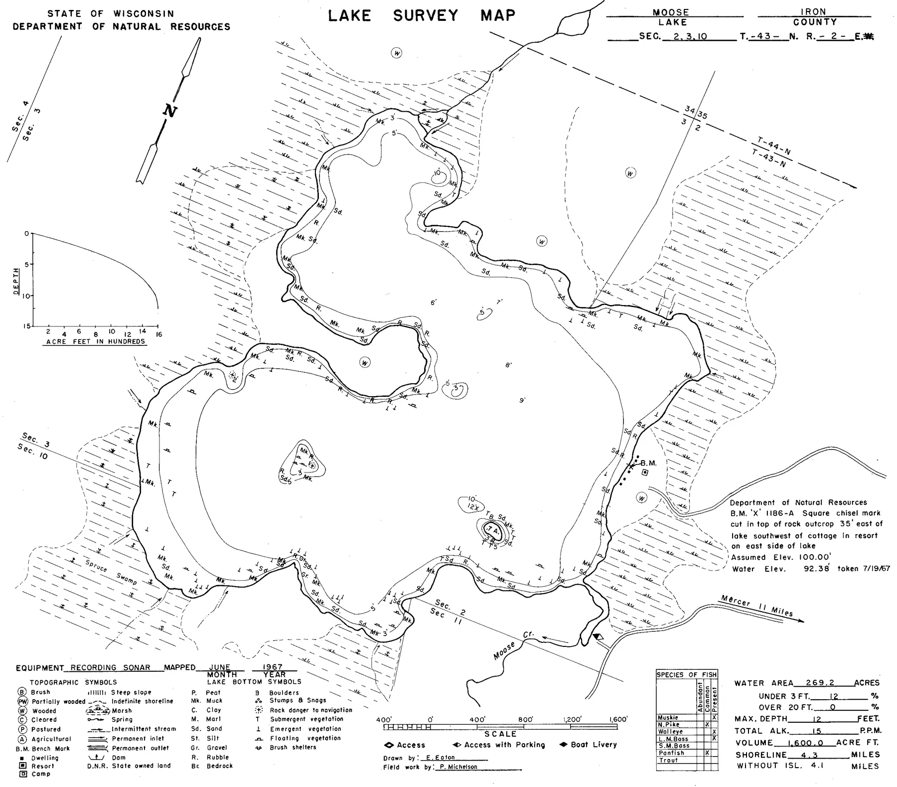 Moose Lake historical Wisconsin DNR depth map sheet 1