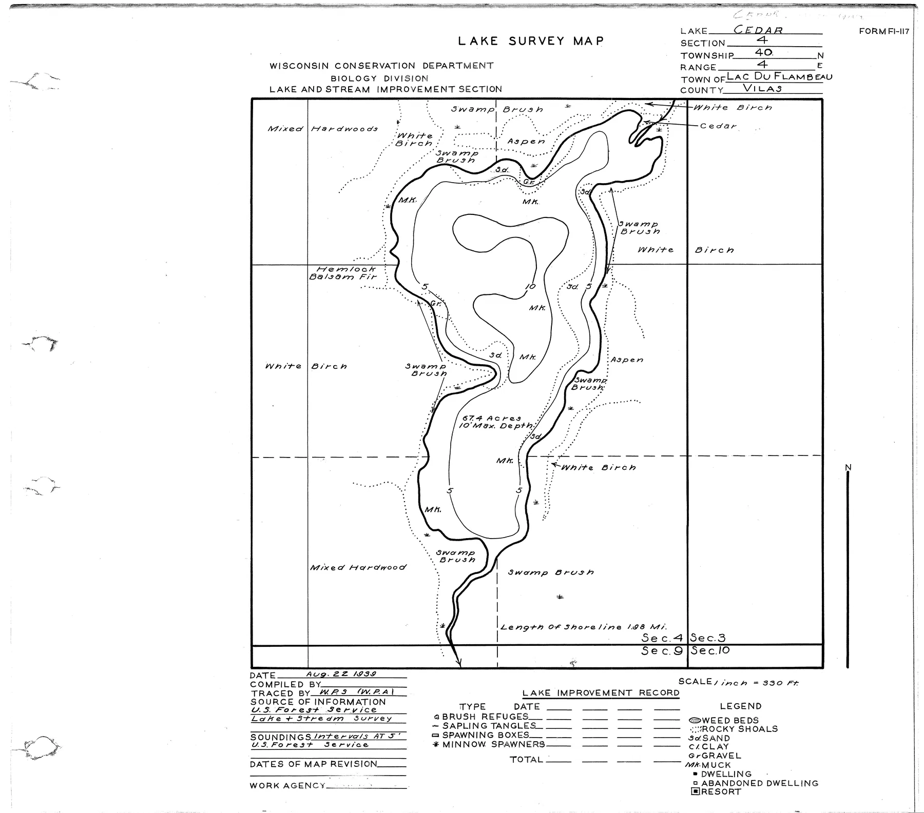 Cedar Lake historical Wisconsin DNR depth map sheet 1