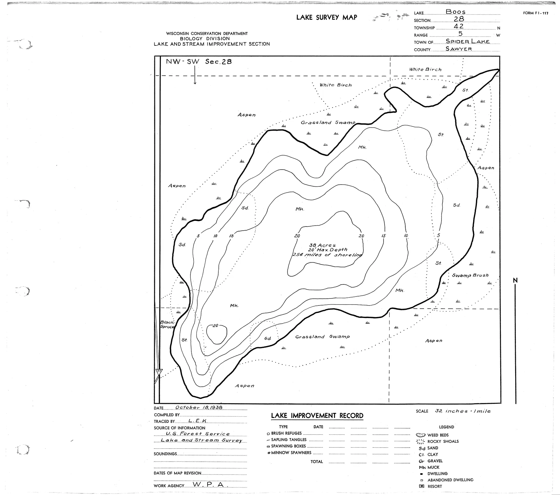 Boos Lake historical Wisconsin DNR depth map sheet 1