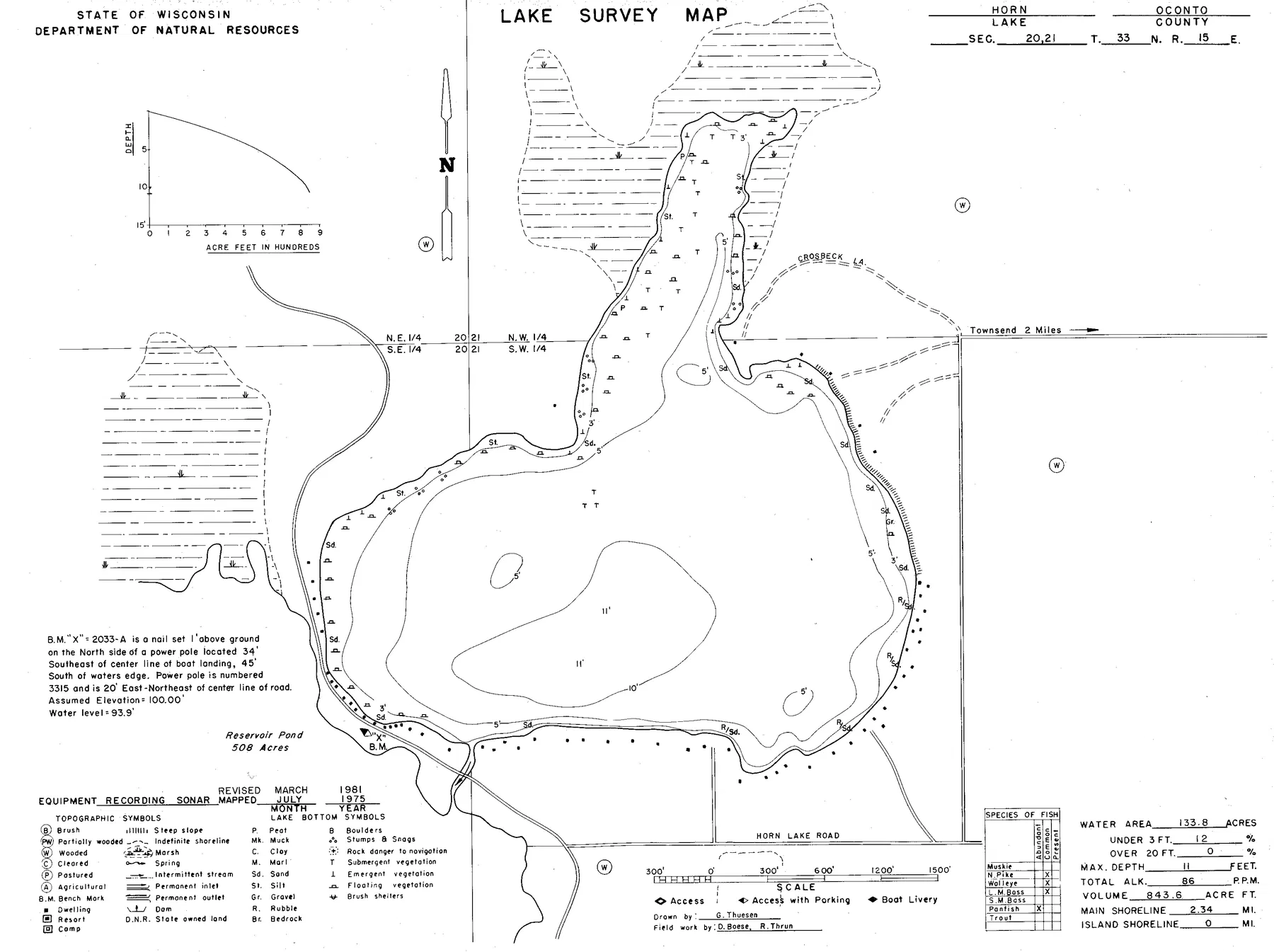 Horn Lake historical Wisconsin DNR depth map sheet 1