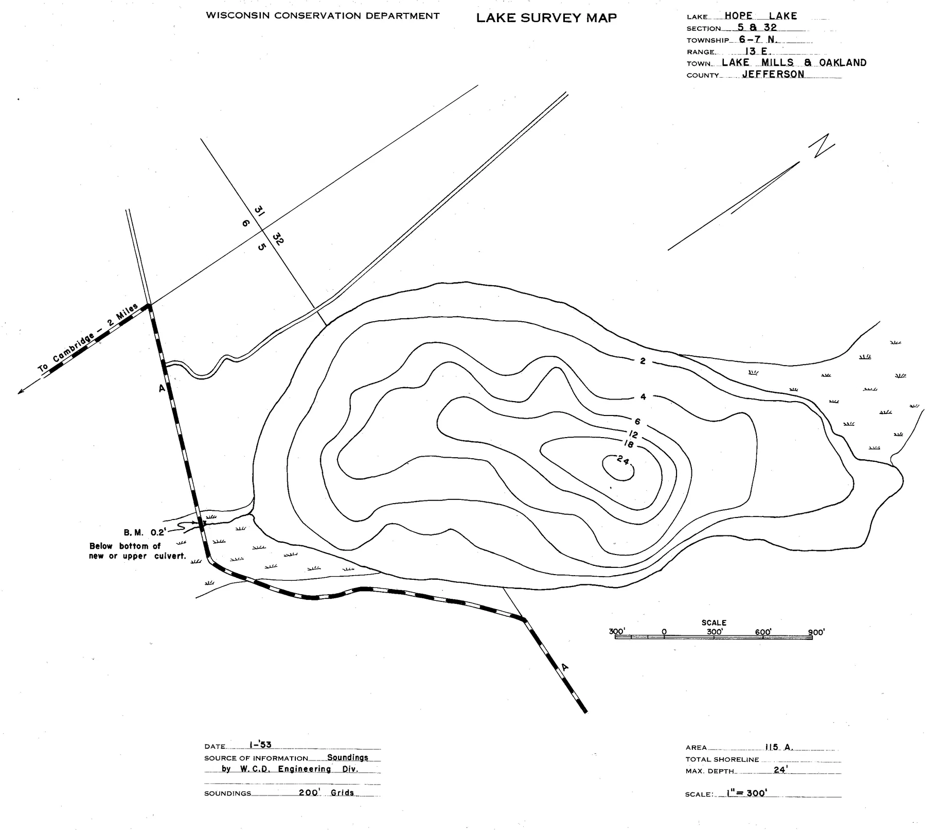 Hope Lake historical Wisconsin DNR depth map sheet 1
