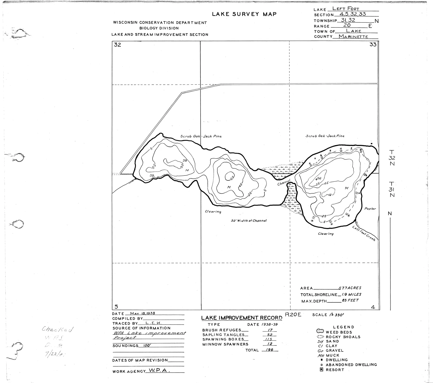 Left Foot Lake historical Wisconsin DNR depth map sheet 1