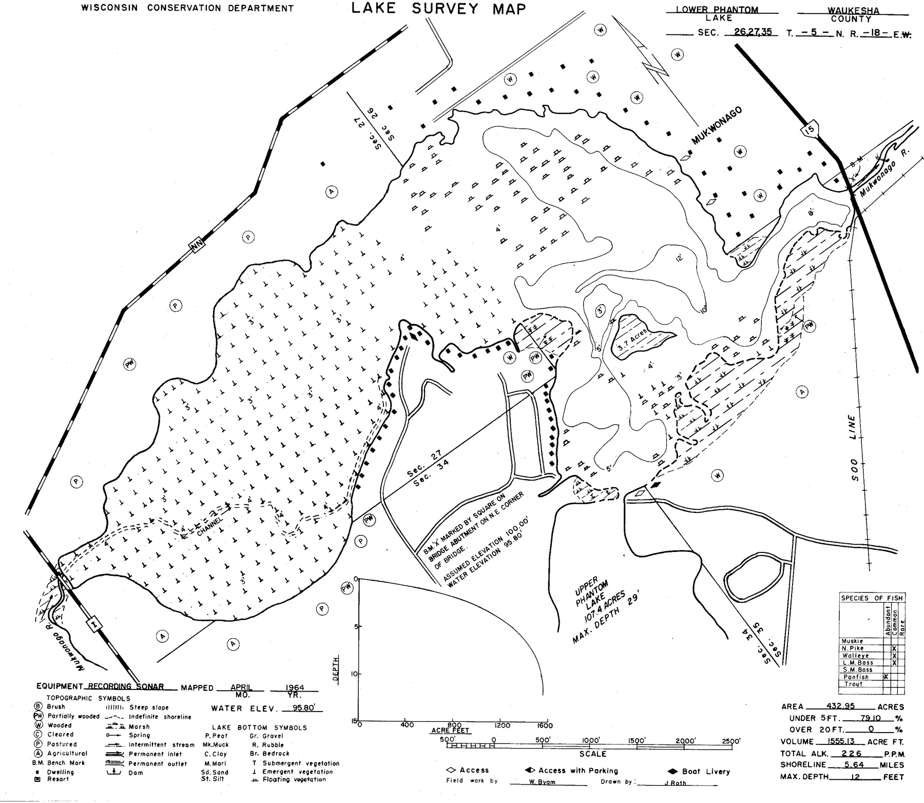 Lower Phantom Lake historical Wisconsin DNR depth map sheet 1