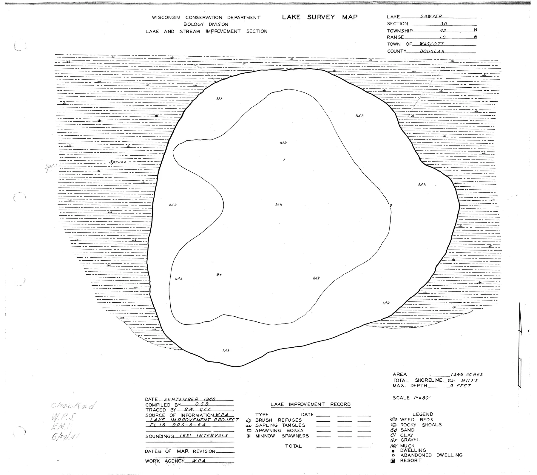 Sawyer Lake historical Wisconsin DNR depth map sheet 1