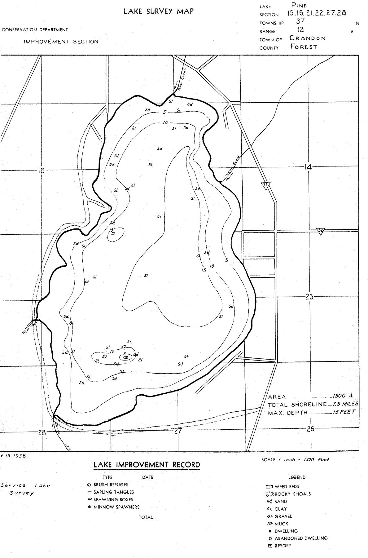Pine Lake historical Wisconsin DNR depth map sheet 1