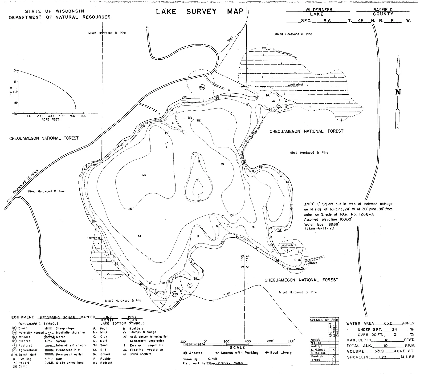 Wilderness Lake historical Wisconsin DNR depth map sheet 1