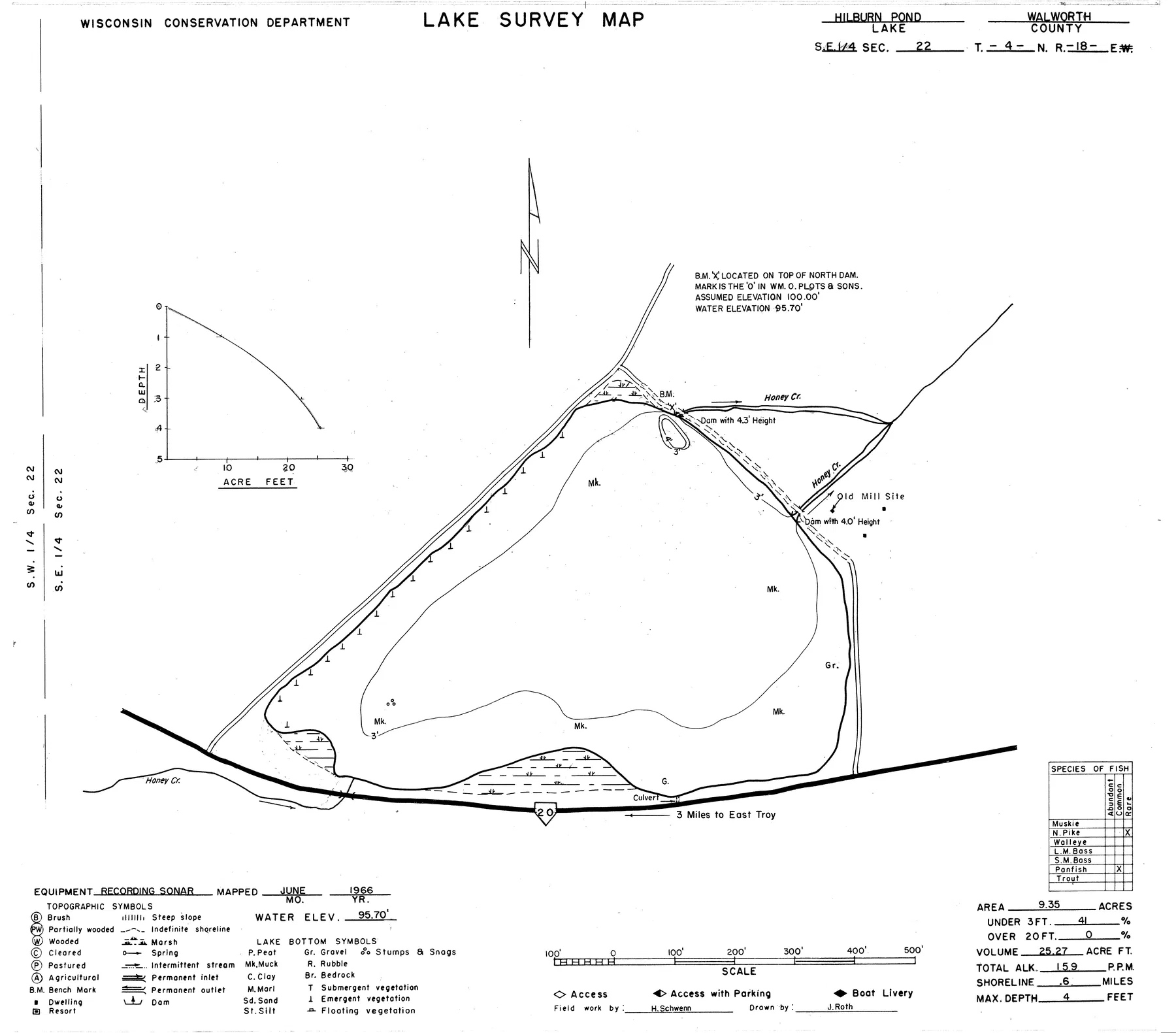 Hilburn Pond historical Wisconsin DNR depth map sheet 1