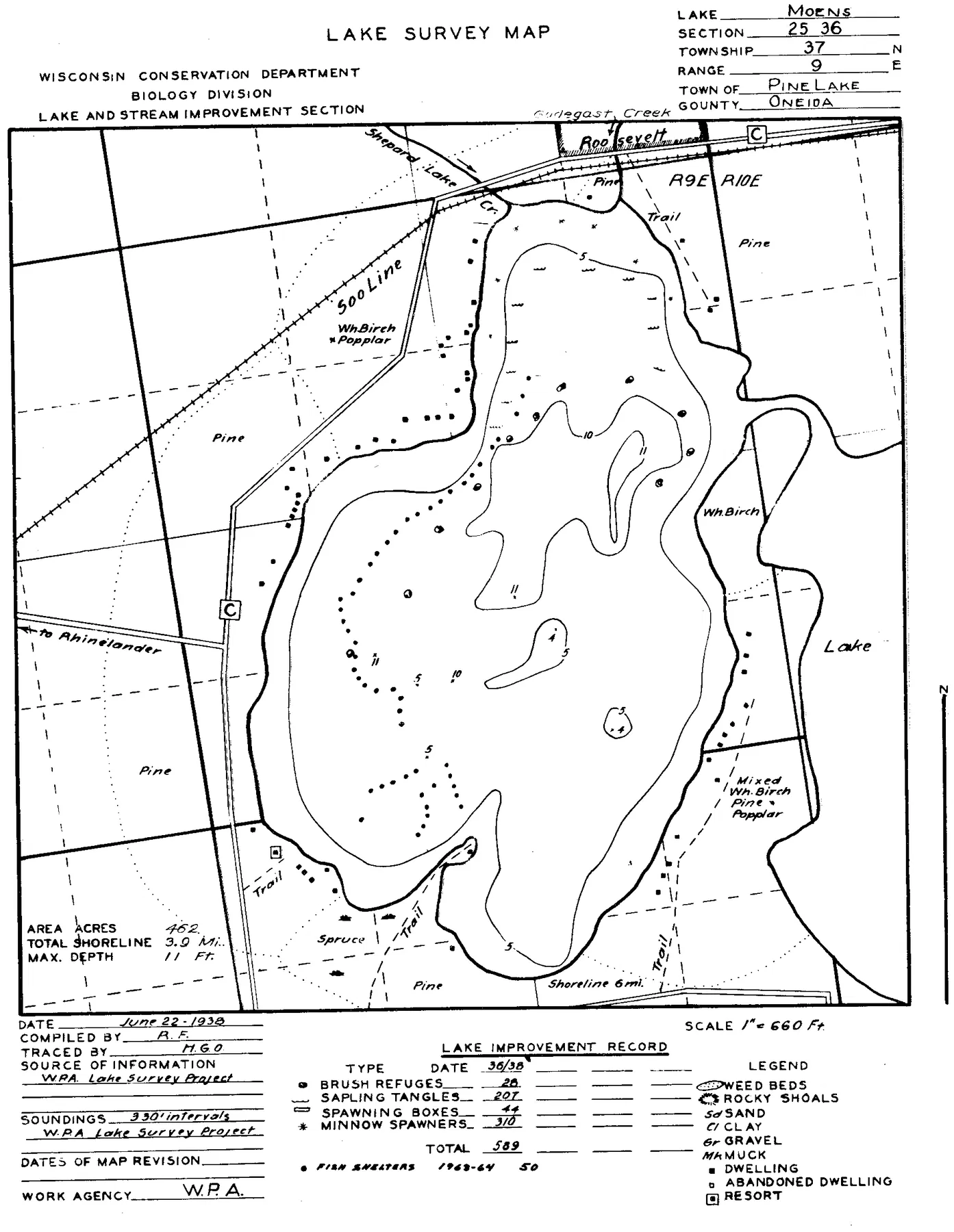 Moen Lake historical Wisconsin DNR depth map sheet 1