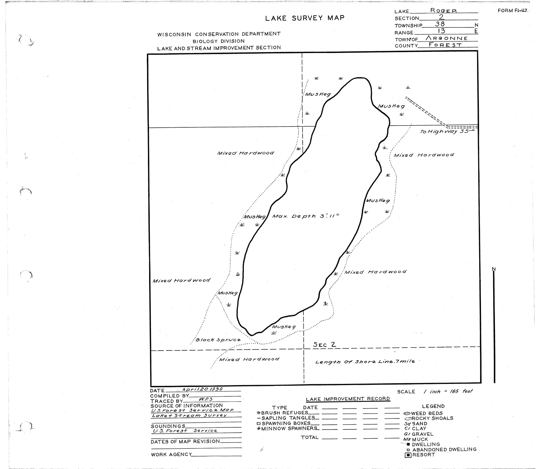 Rogers Lake historical Wisconsin DNR depth map sheet 1