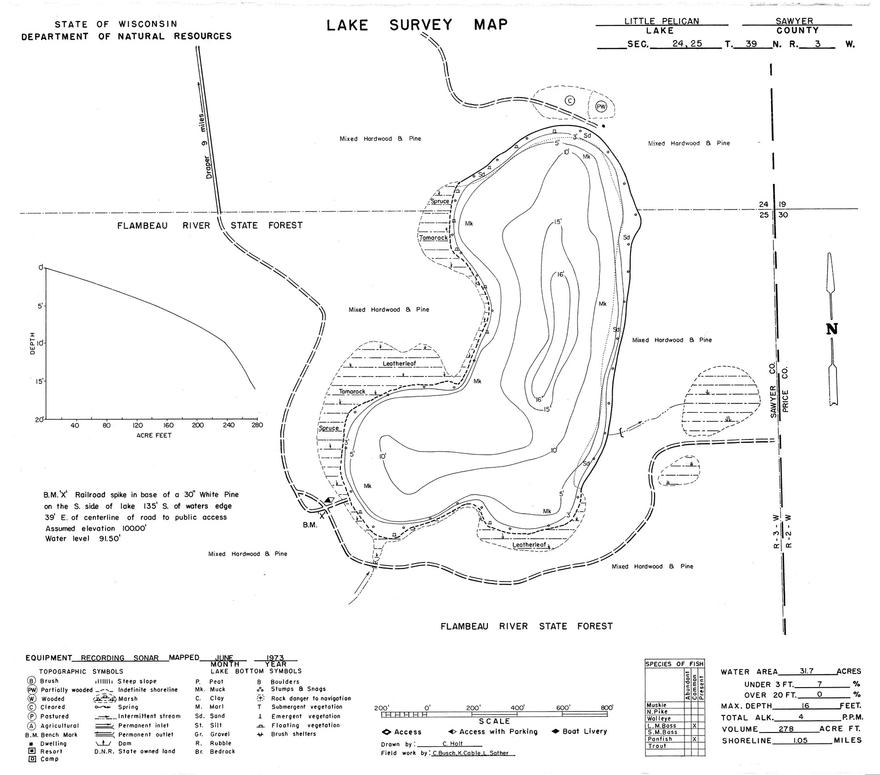 Pelican Lake historical Wisconsin DNR depth map sheet 1