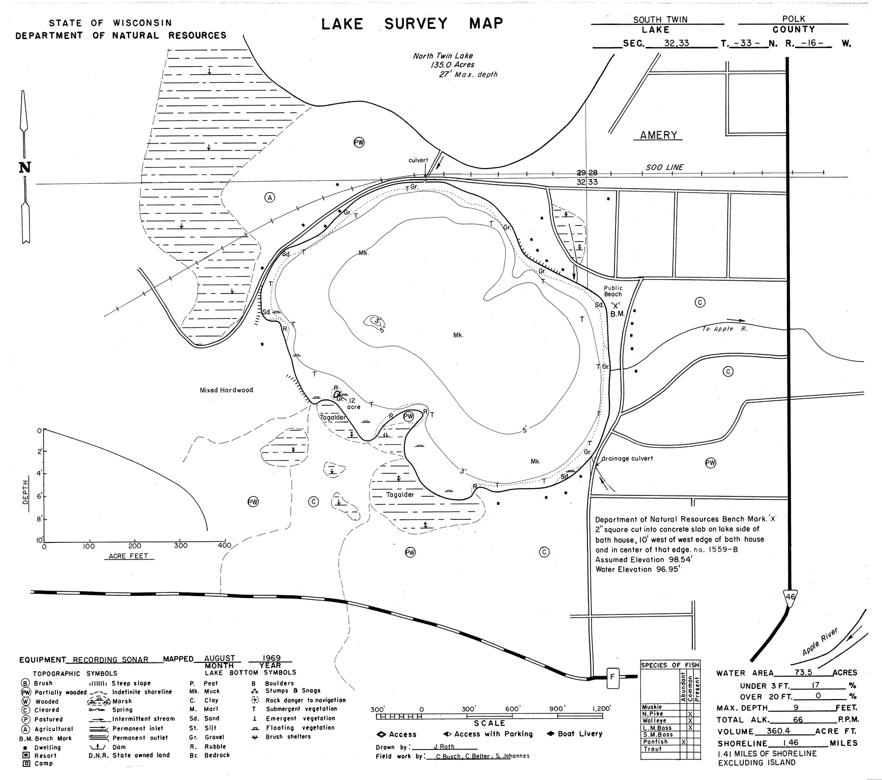 South Twin Lake historical Wisconsin DNR depth map sheet 1