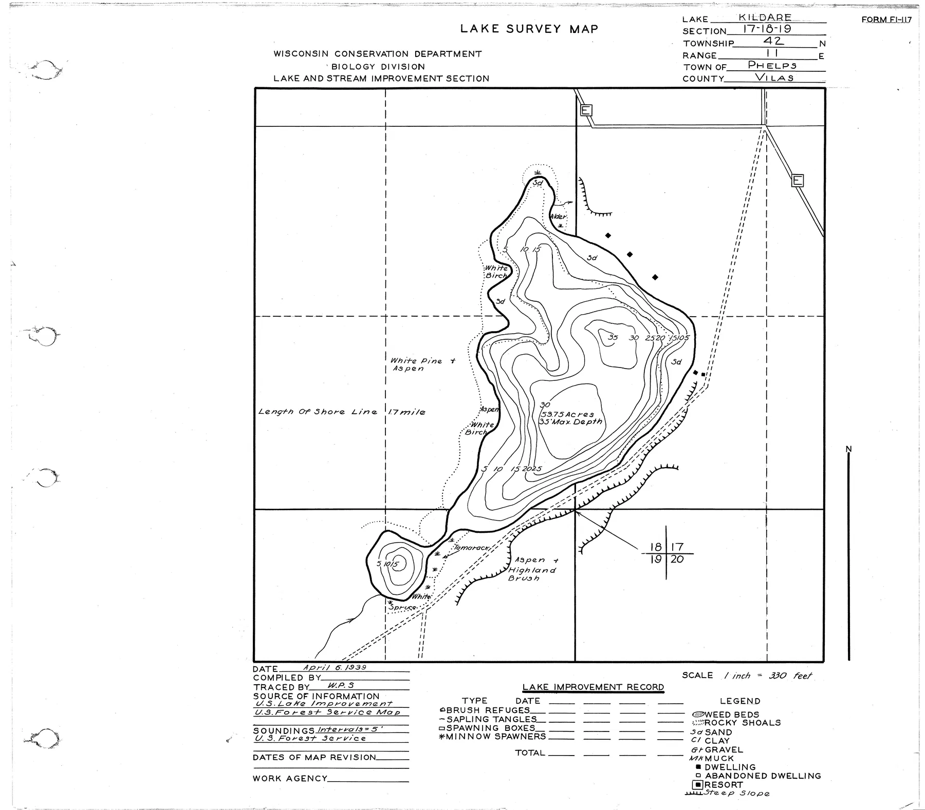 Kildare Lake historical Wisconsin DNR depth map sheet 1