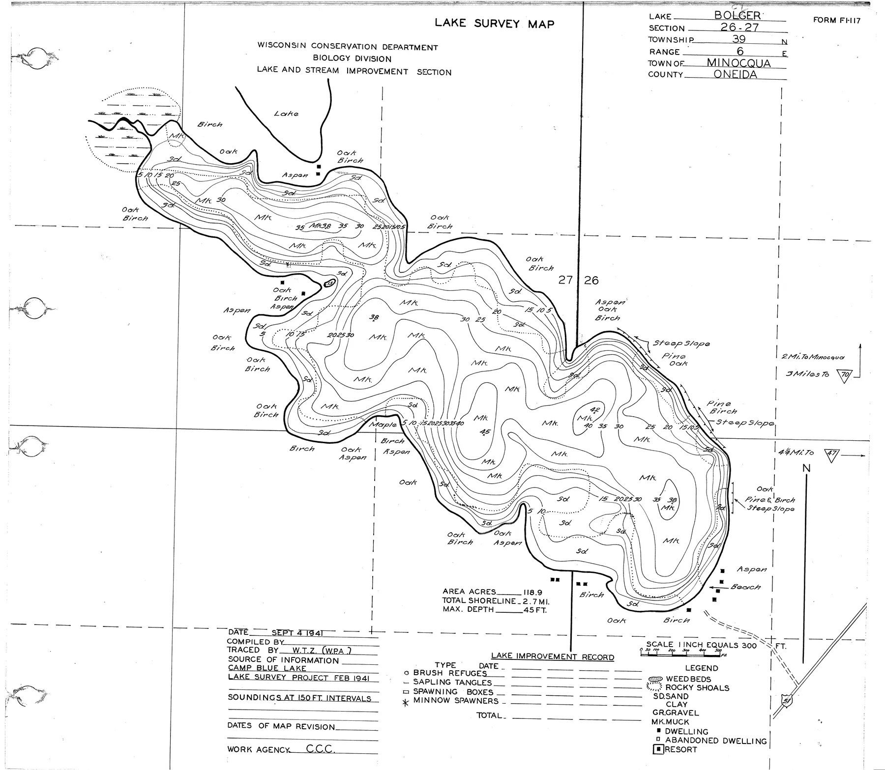 Bolger Lake historical Wisconsin DNR depth map sheet 1