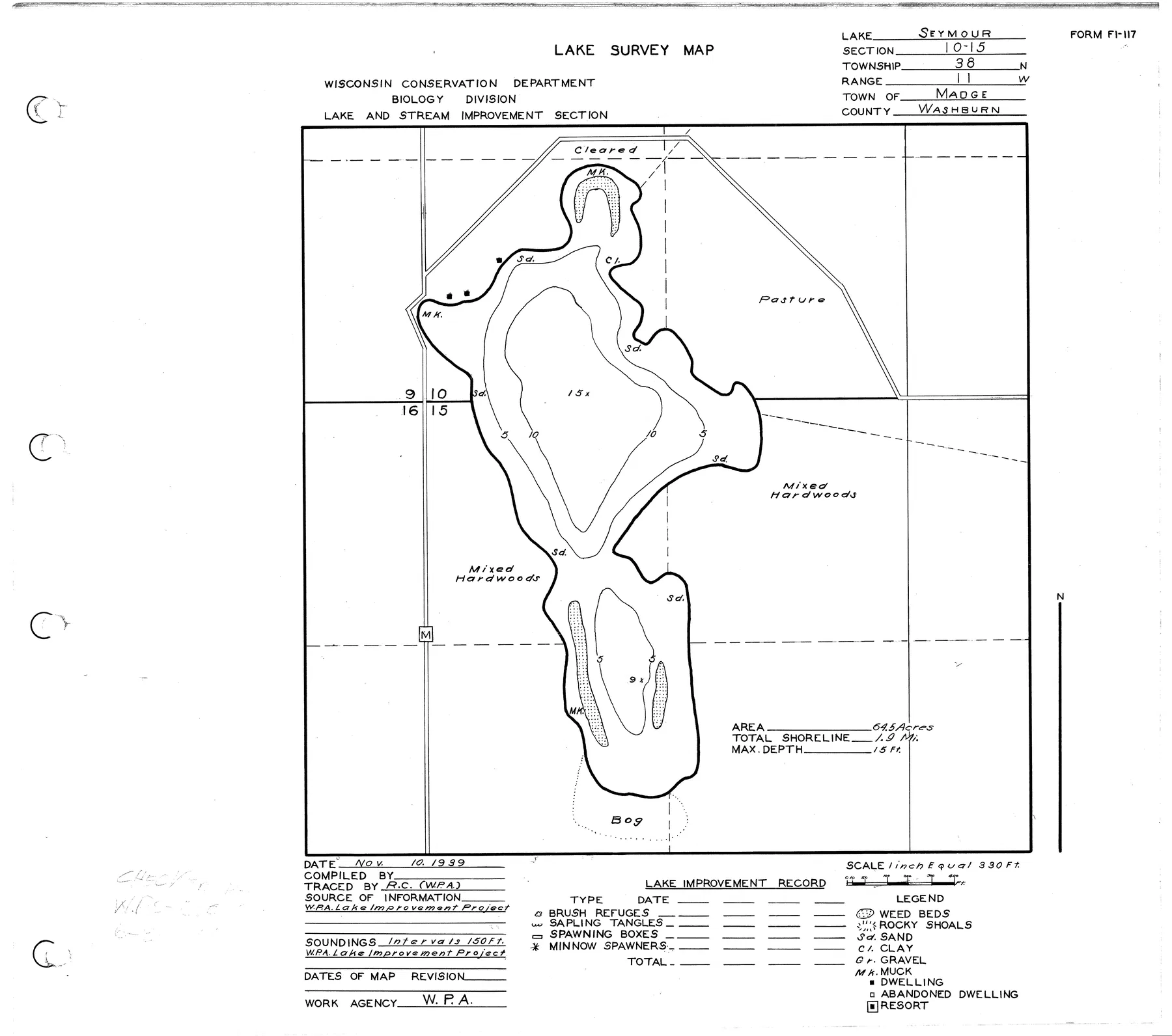 Seymour Lake historical Wisconsin DNR depth map sheet 1