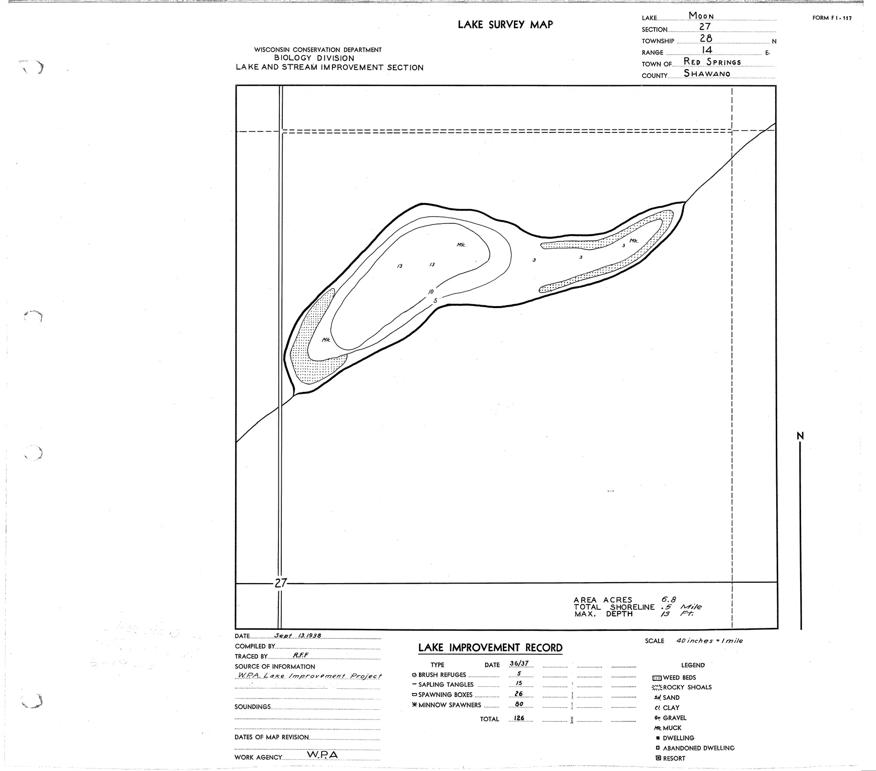 Moon Lake historical Wisconsin DNR depth map sheet 1