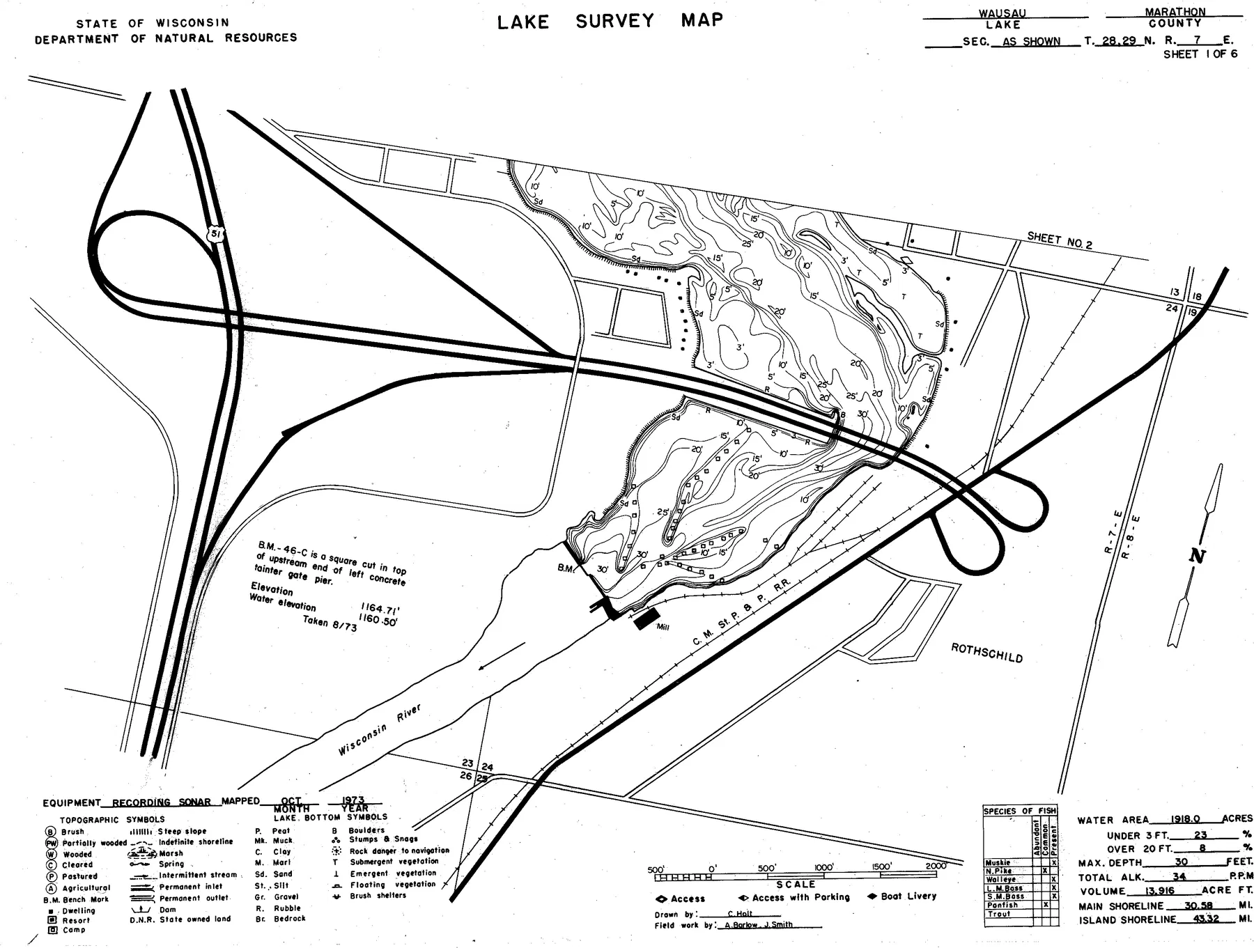 Lake Wausau historical Wisconsin DNR depth map sheet 1