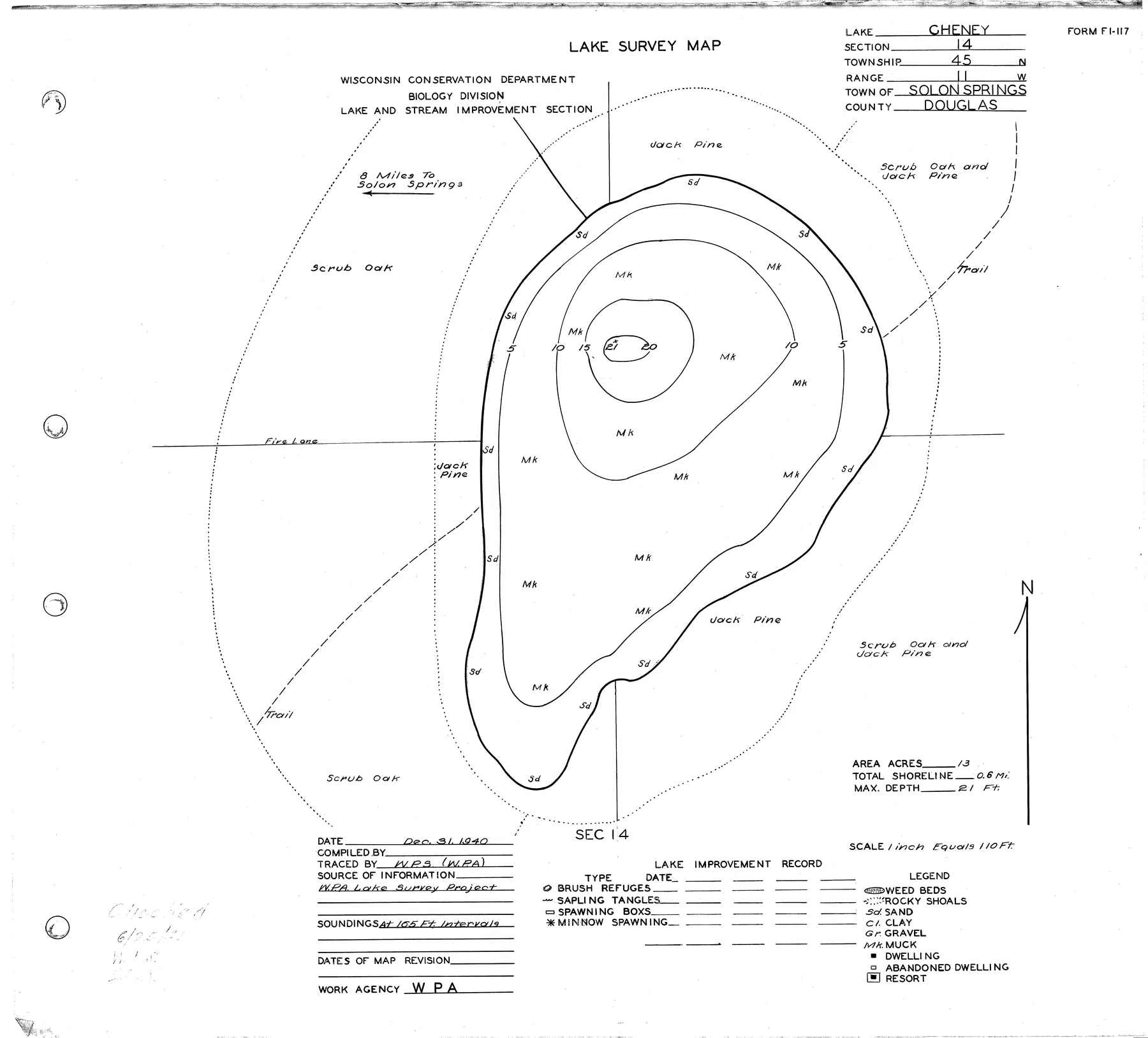 Cheney Lake historical Wisconsin DNR depth map sheet 1