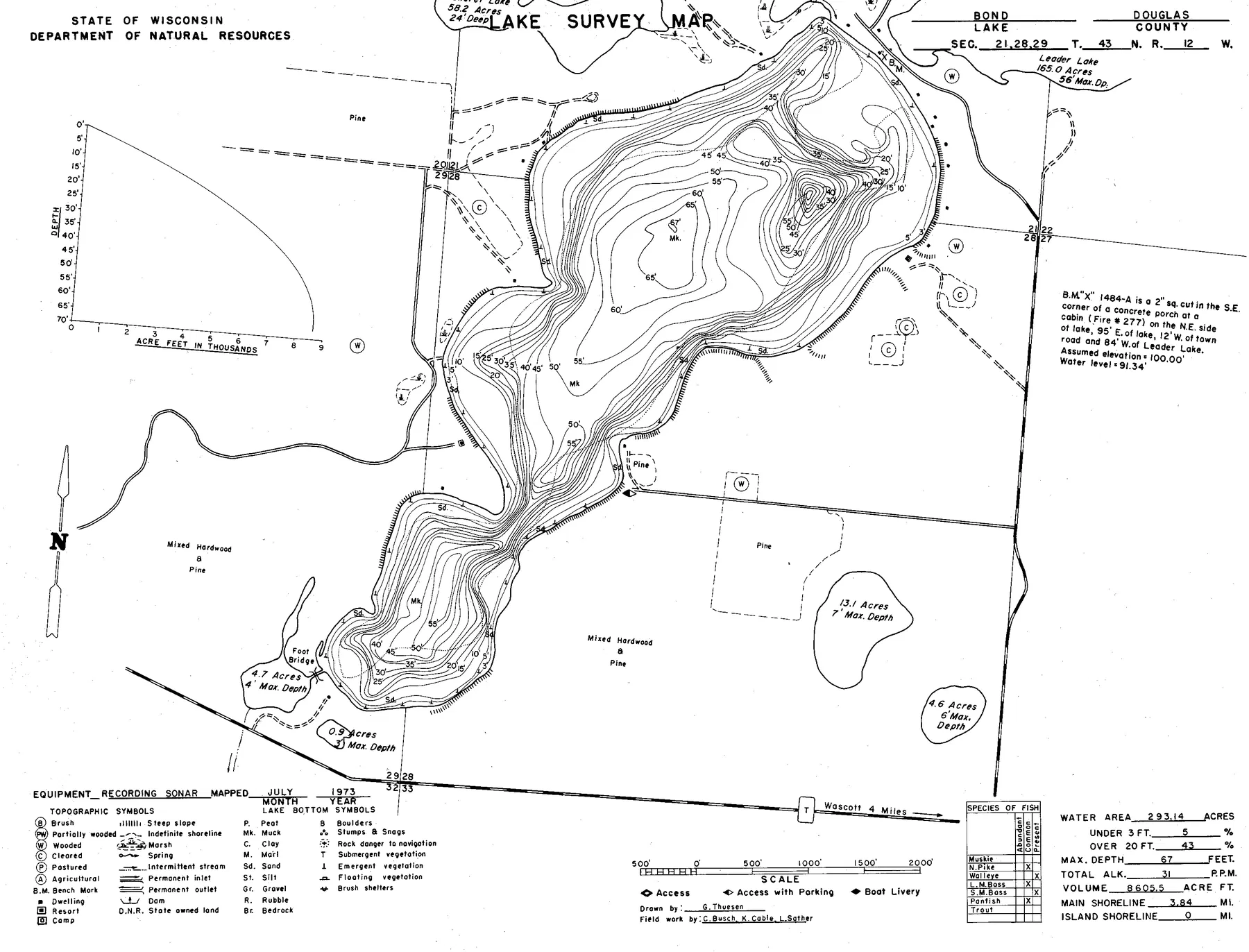 Bond Lake historical Wisconsin DNR depth map sheet 1