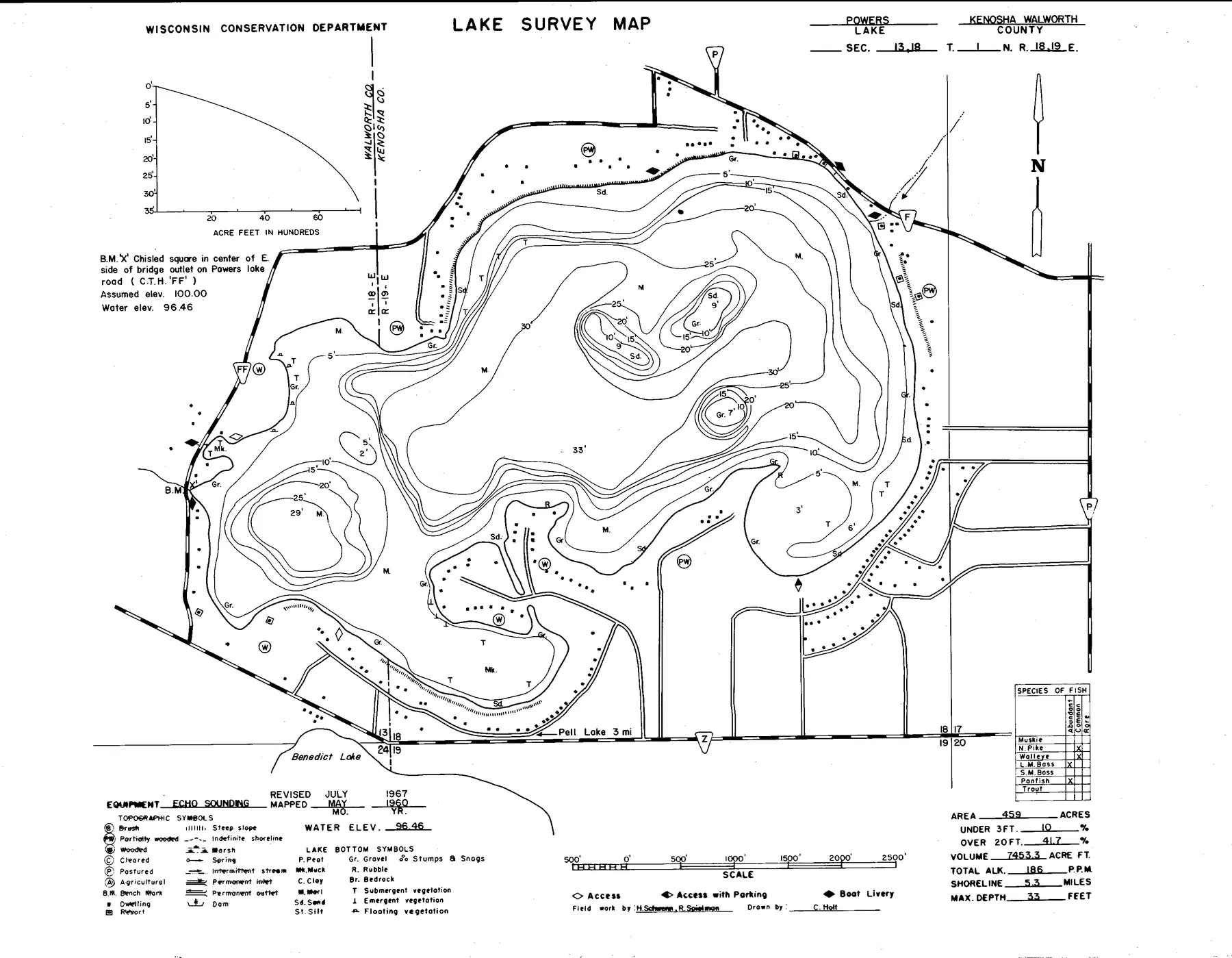 Powers Lake historical Wisconsin DNR depth map sheet 1