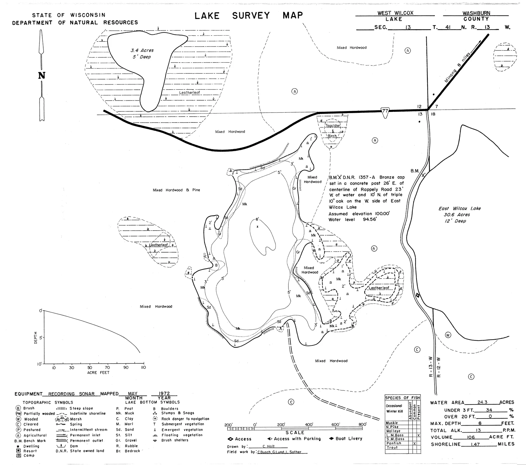 West Wilcox Lake historical Wisconsin DNR depth map sheet 1