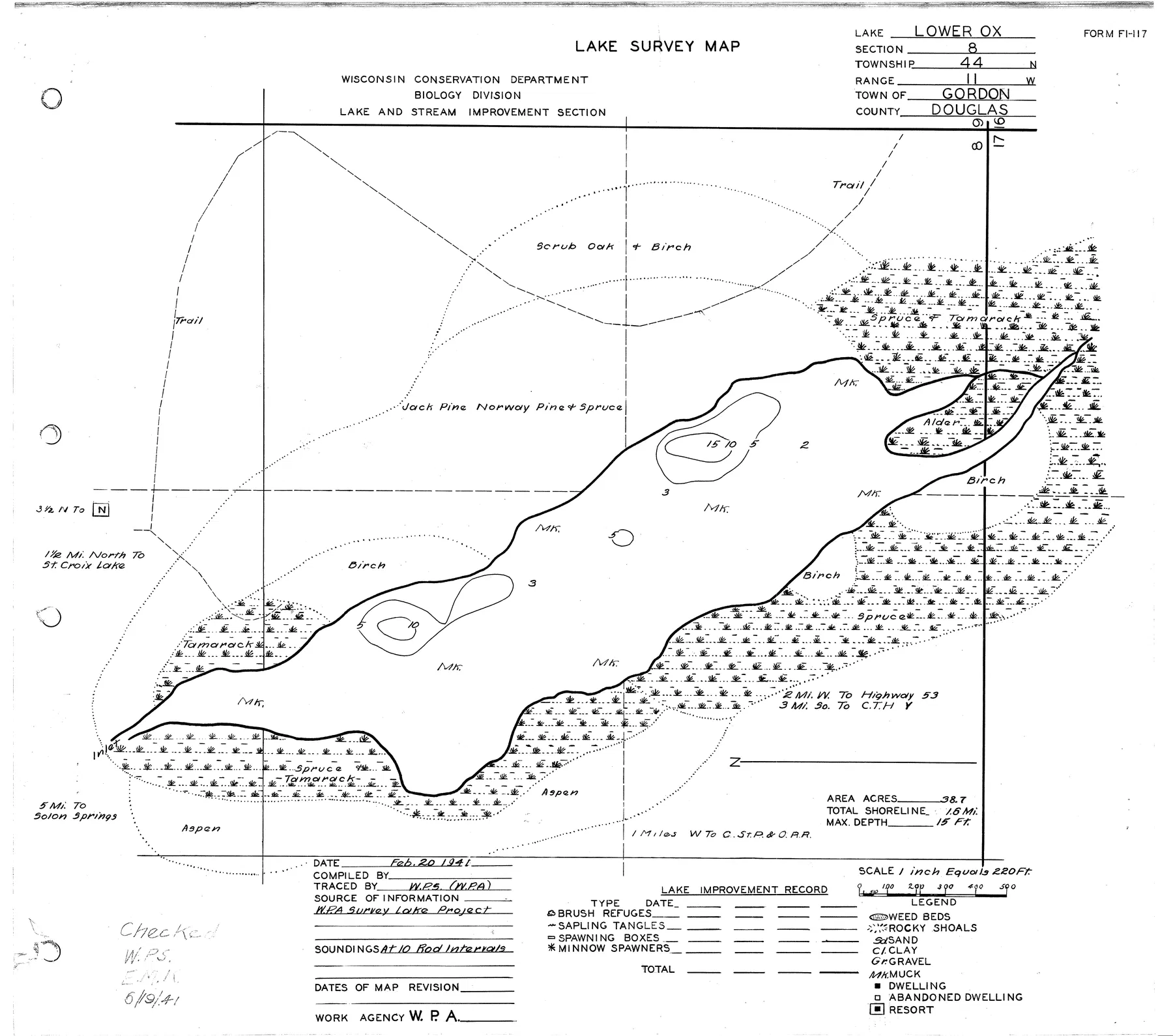 Lower Ox Lake historical Wisconsin DNR depth map sheet 1