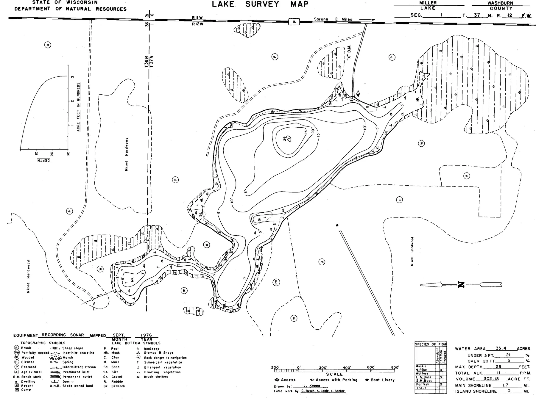 Miller Lake historical Wisconsin DNR depth map sheet 1