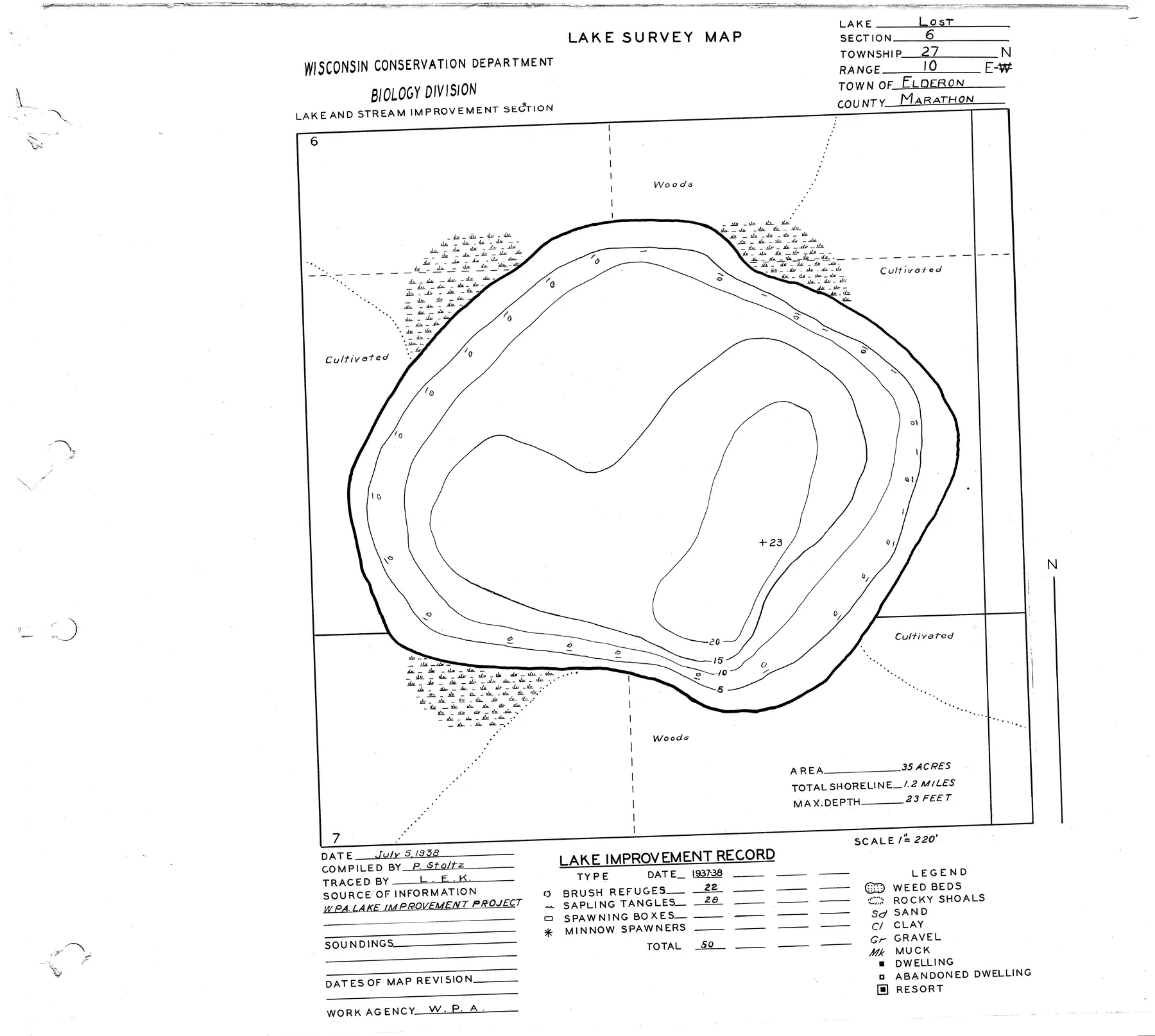 Lost Lake historical Wisconsin DNR depth map sheet 1