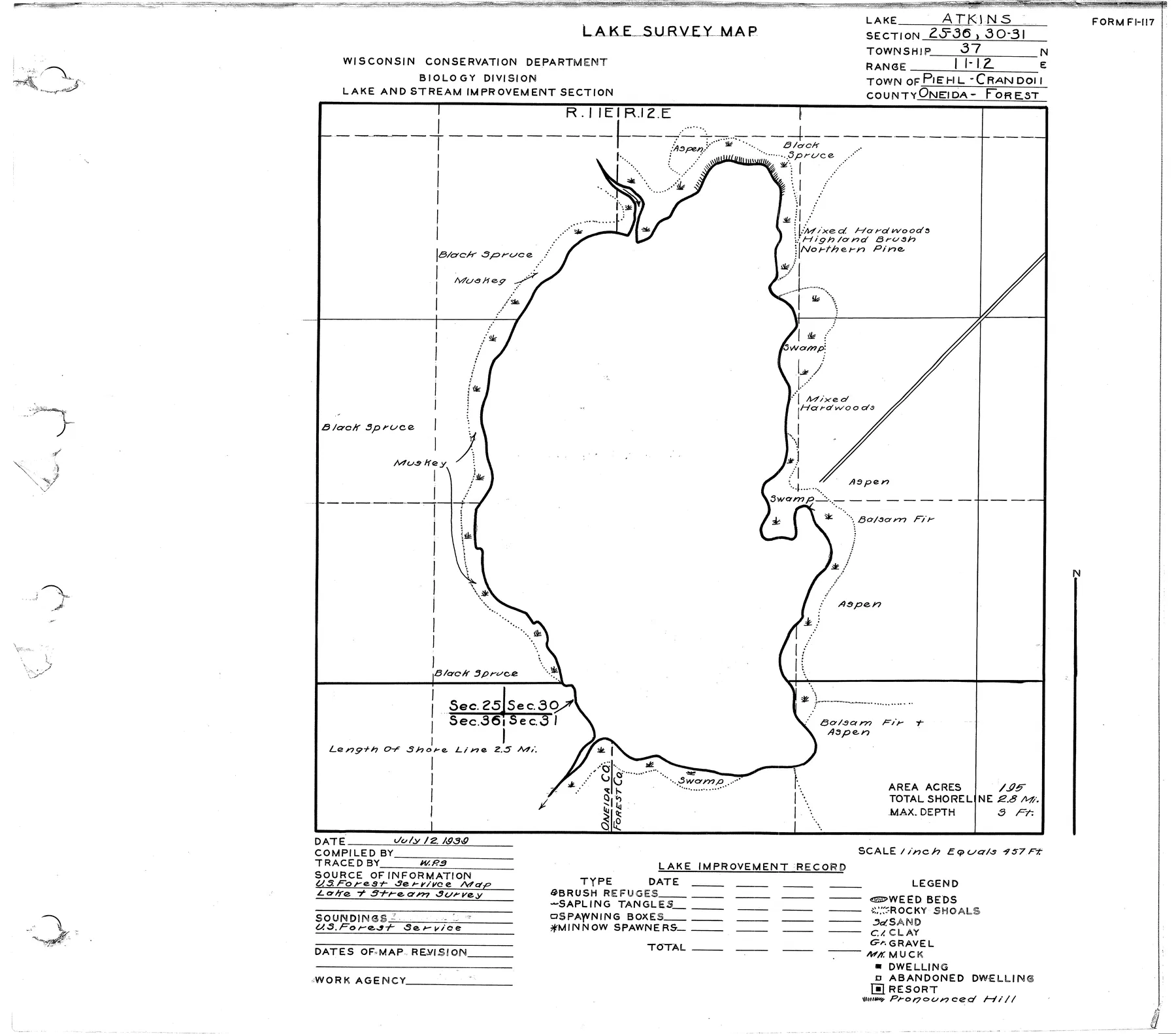Atkins Lake historical Wisconsin DNR depth map sheet 1