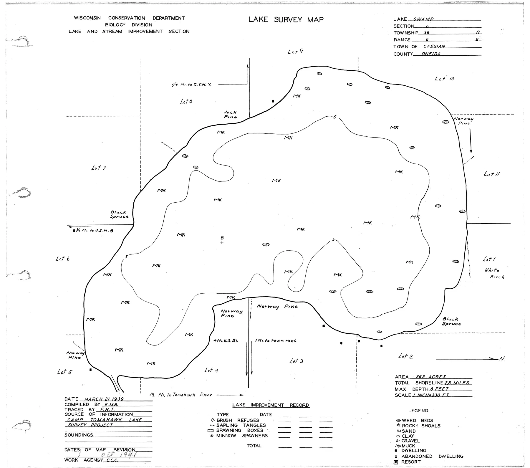 Swamp Lake historical Wisconsin DNR depth map sheet 1