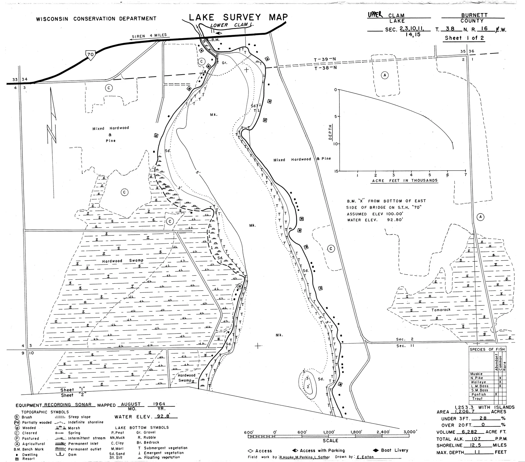Clam Lake historical Wisconsin DNR depth map sheet 1