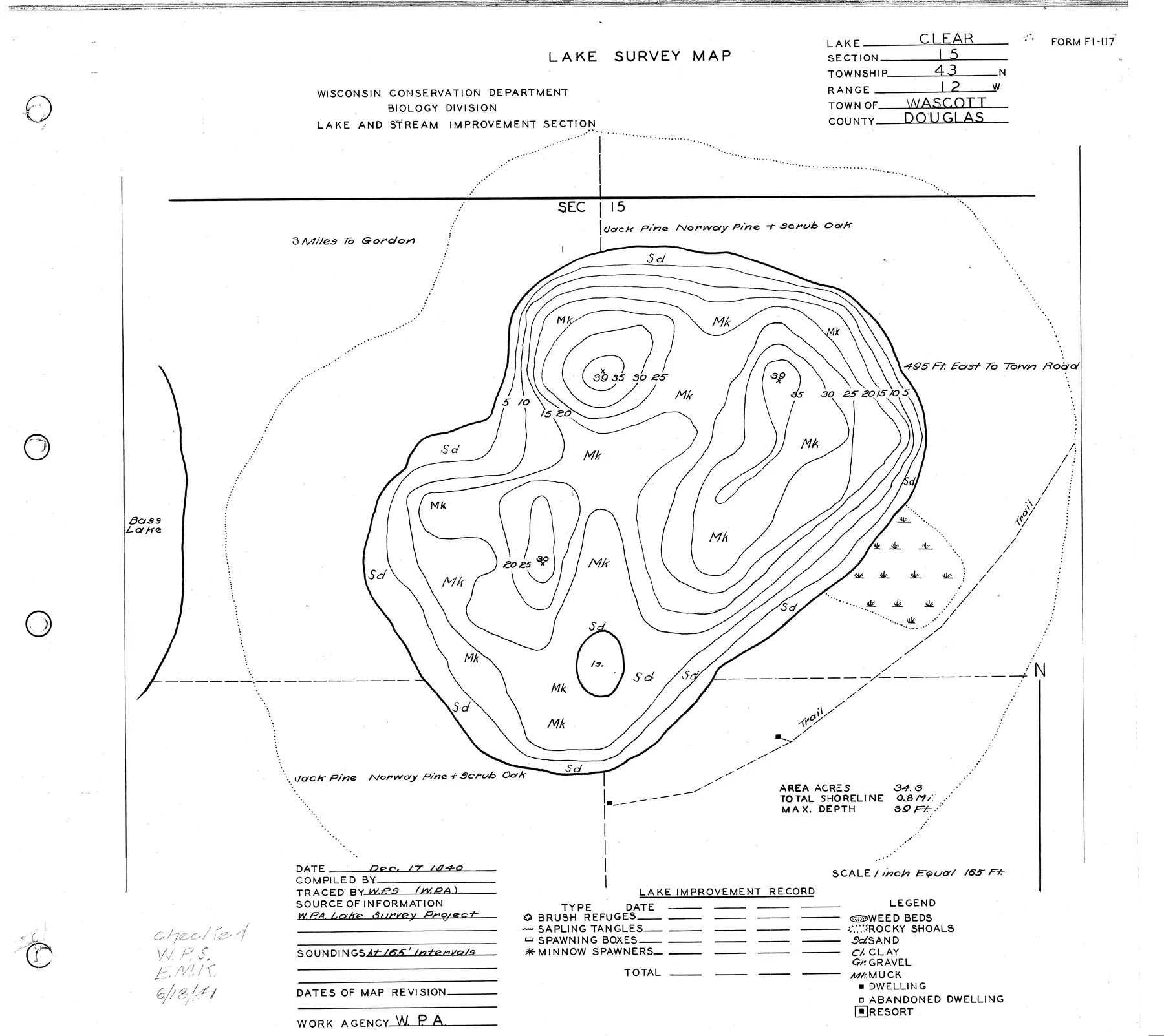 Clear Lake historical Wisconsin DNR depth map sheet 1