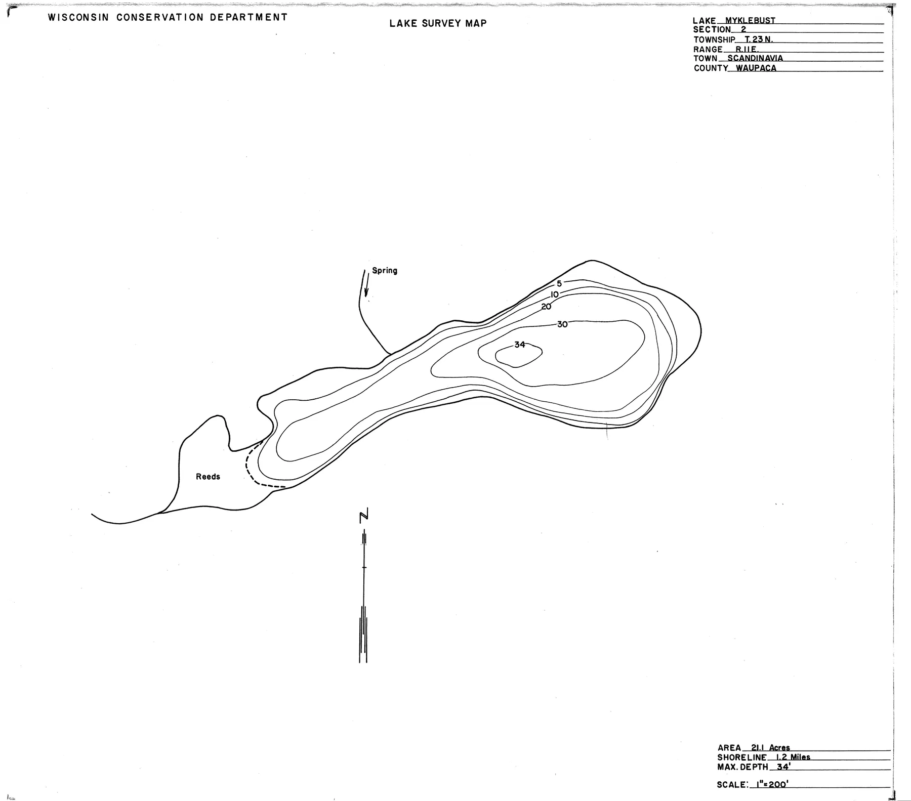 Myklebust Lake historical Wisconsin DNR depth map sheet 1