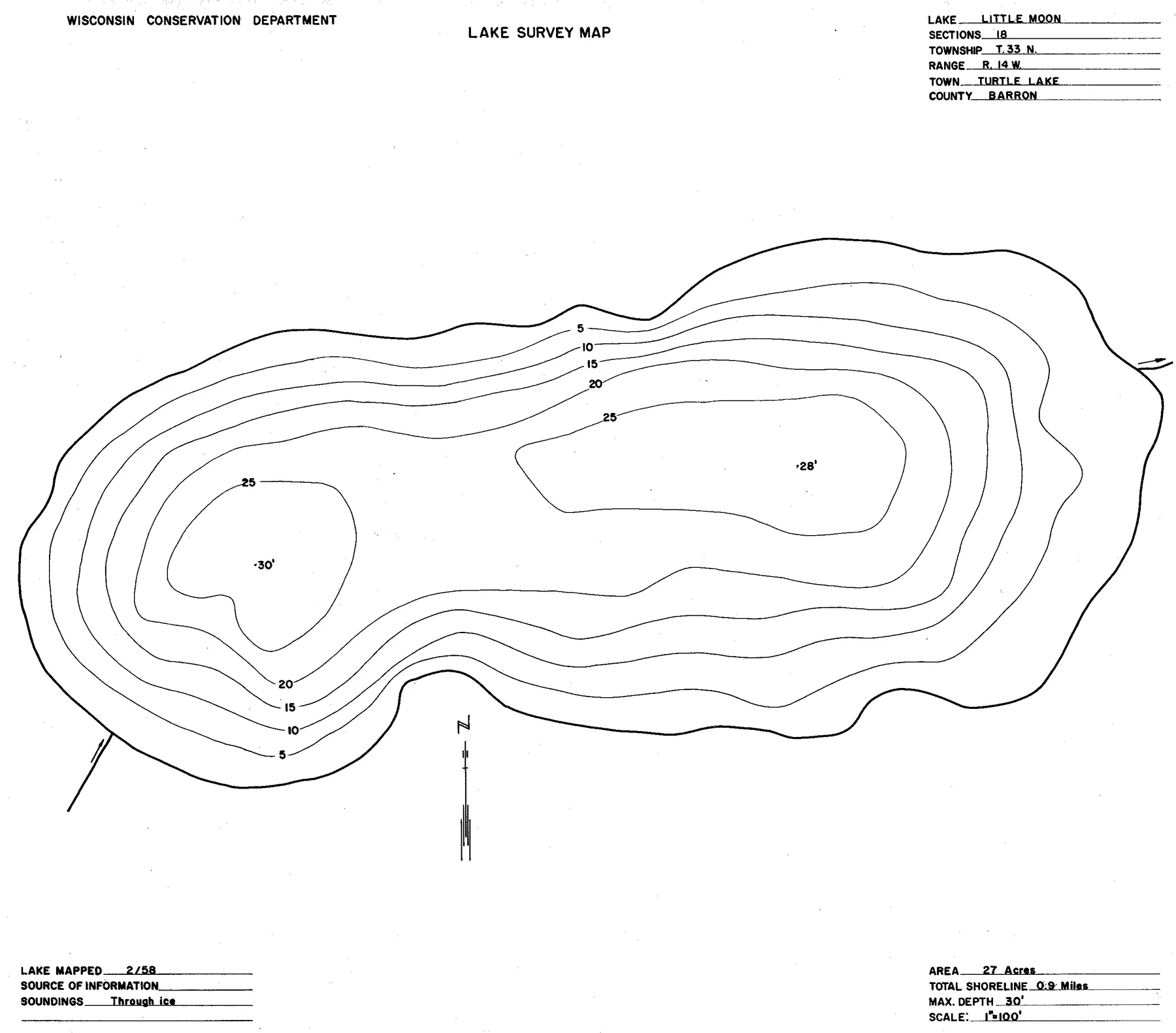 Little Moon Lake historical Wisconsin DNR depth map sheet 1